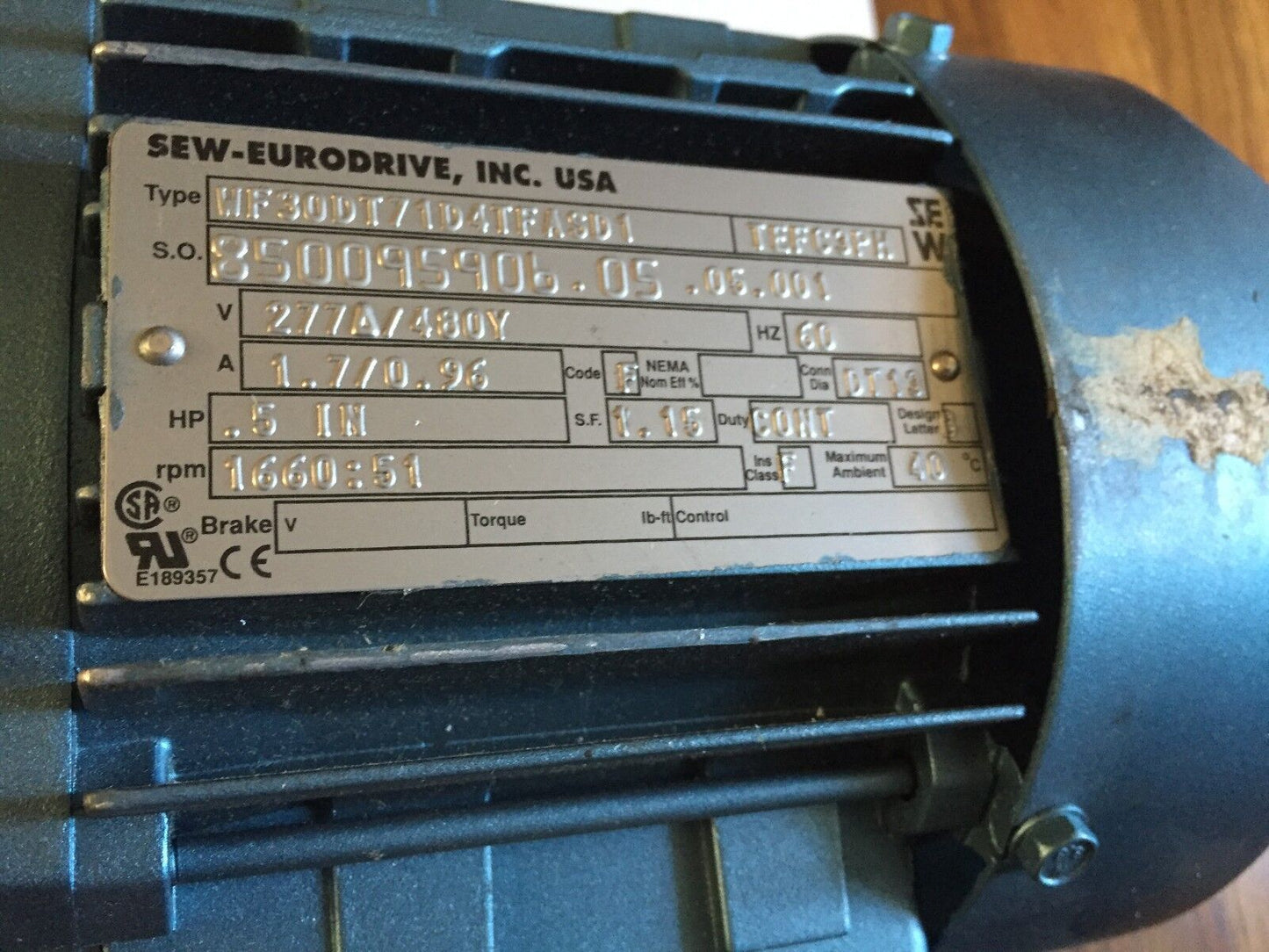 New Sew-Eurodrive Wf30dt71d4tfasd1,Tefc3ph Motor, .5Hp,1660:51Rpm 277/480V,Br