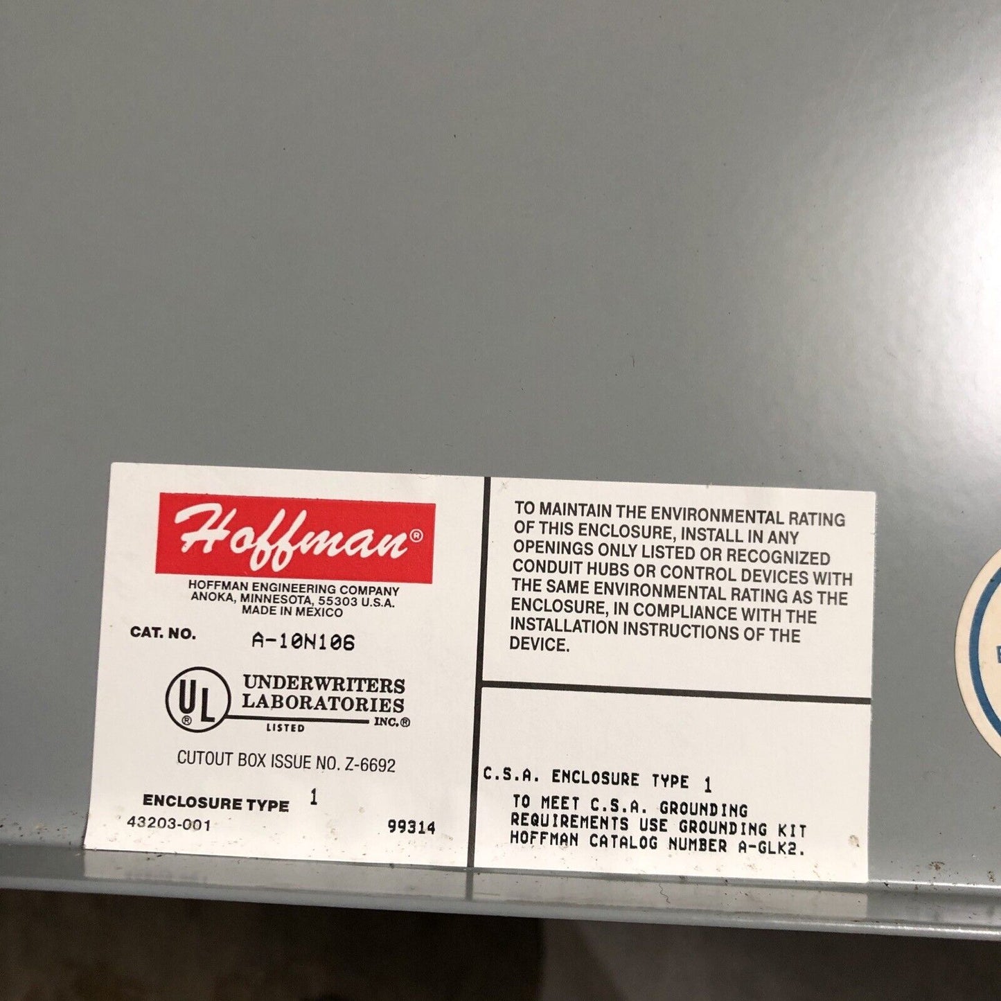 Hoffman A-10N106 Enclosure Box, Hoffman A 10N106, Hoffman A10n106,Al