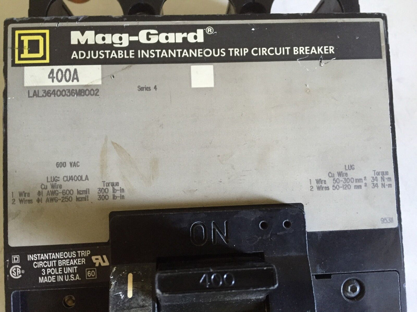 Square D Lal3640036m8002 400 A Electric Circuit Breaker 400Amp 3Pole 600Vac,Fm