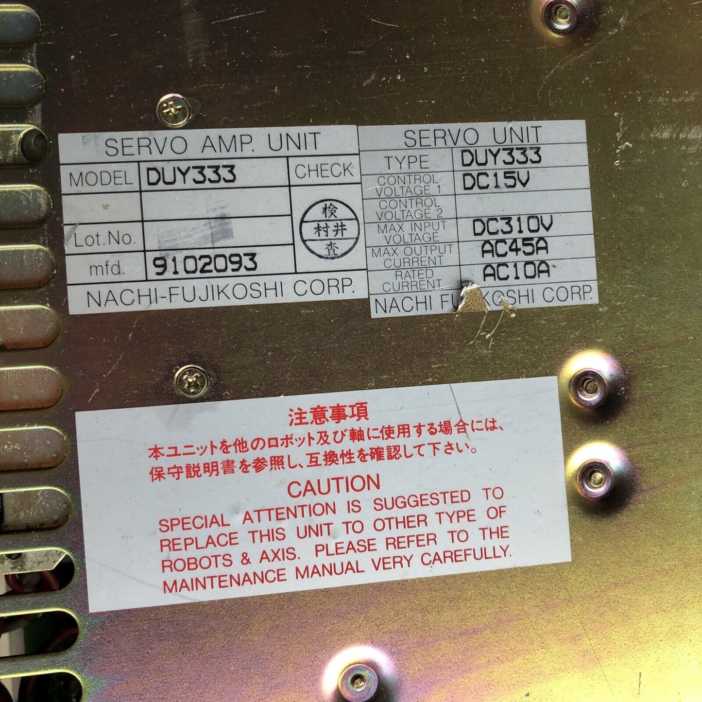 Nachi Fujikoshi Duy333,Vorg-35,Icr34426,9102093,Duy 333,Dc15v Servo Unit,Av