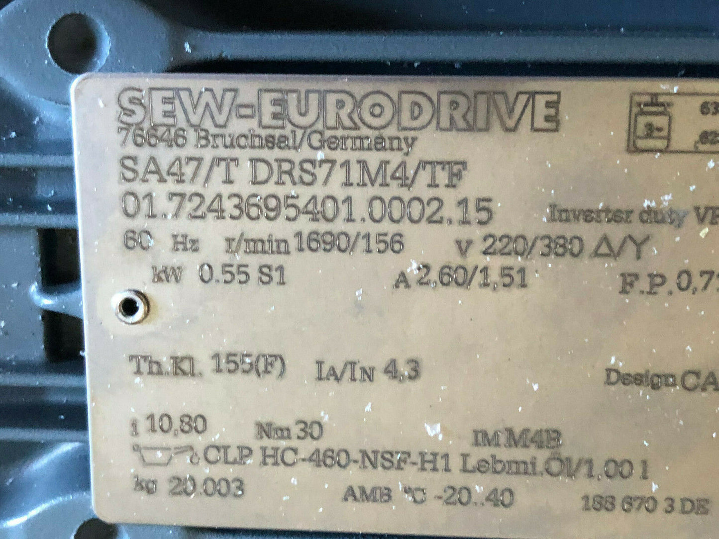 New Sew Eurodrive Sa47/T Drs71m4/Tf Ac Gearmotor. Inverter Duty,Sa47,Sj