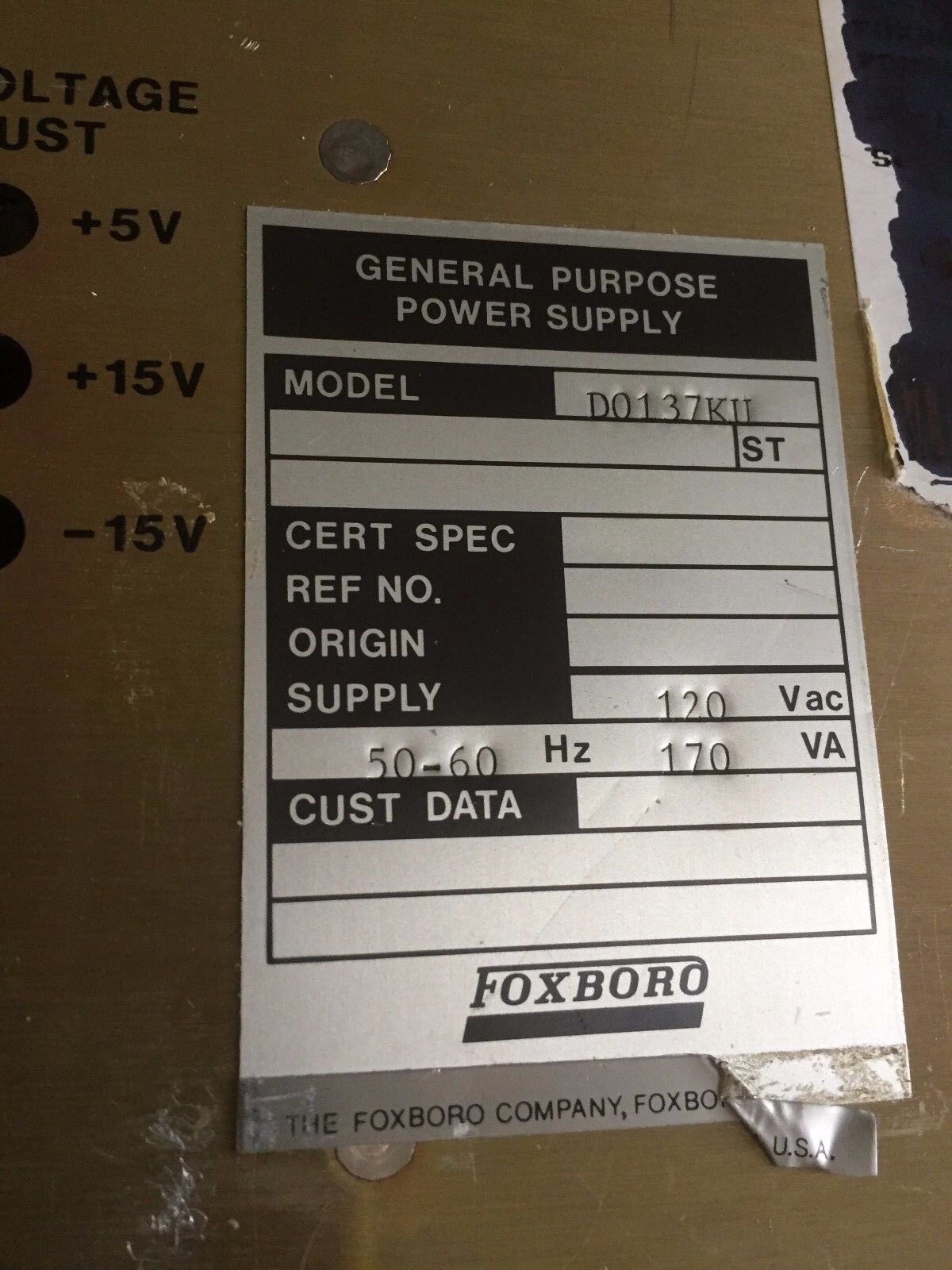 Foxboro D0137ku,General Purpose Power Supply 5 15 120Vac 50/60Hz,Ae
