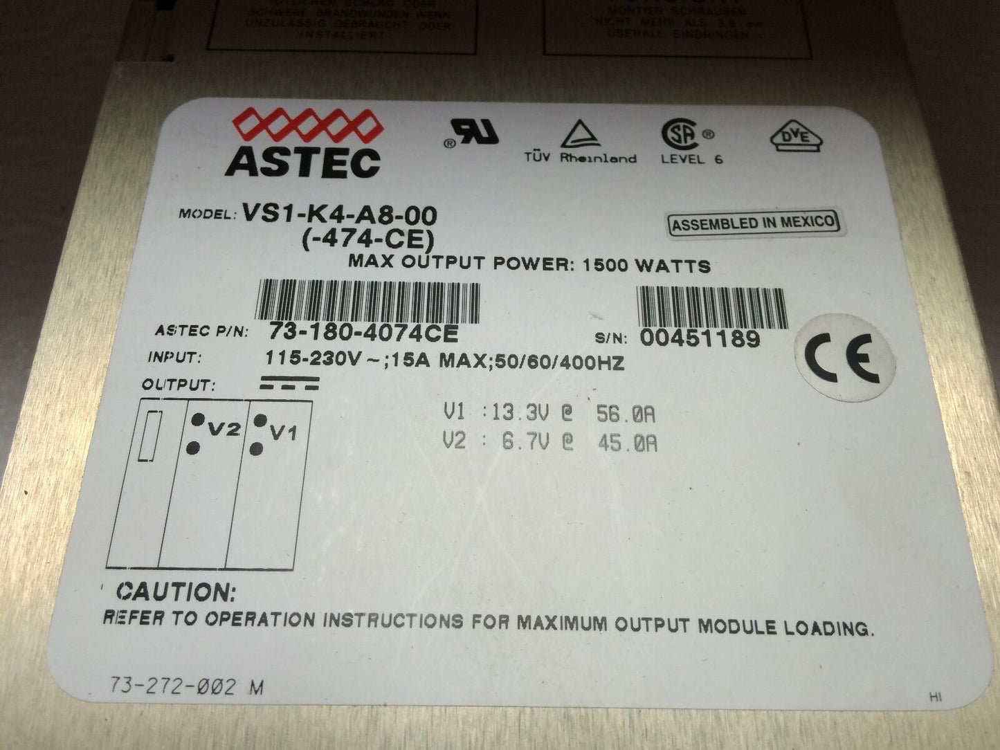 New Astec Vs1-K4-A8-00-474-Ce N40cp Power Supply,1500W,115-230Vac,15A,400Hz,Bf