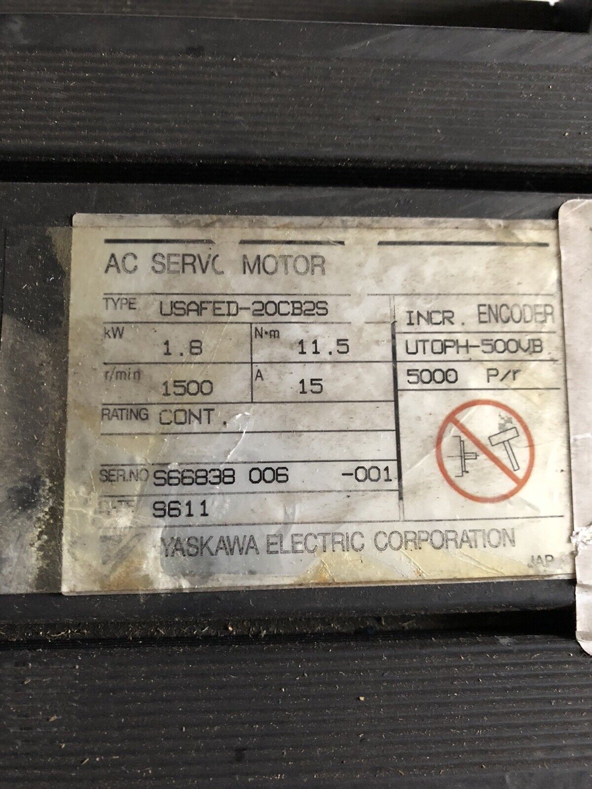 Yaskawa Usafed-20Cb2s Ac Servo Motor,1.8 Kw,1500 Rpm,15A,Al