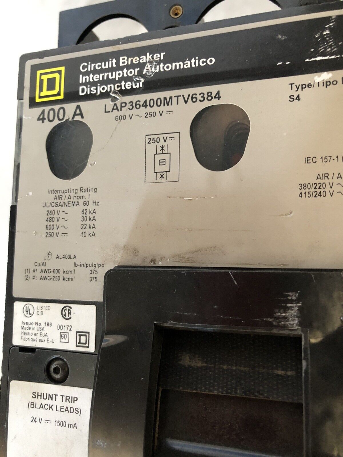 Square D Lap36400mtv6384 Circuit Breaker, 3-Pole, 400A, 600Vac/250Vdc,Co,Ex