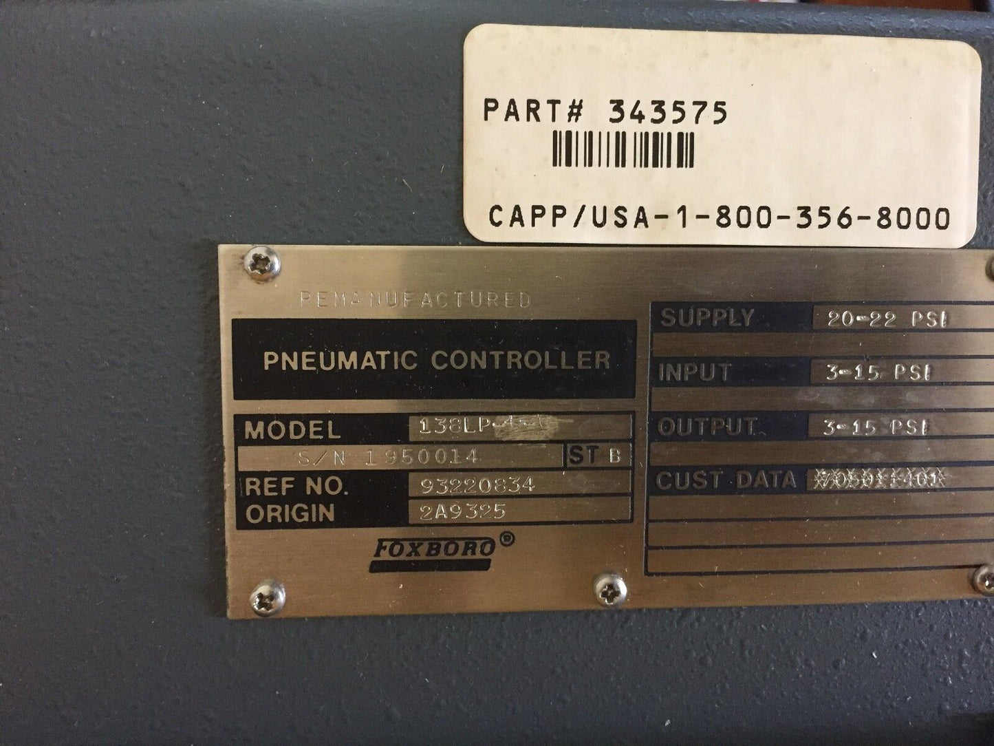 New Foxboro 138L,Pneumatic Controller Supply20-22 In/Out3-15Psig 138Lp-4-C,Aj