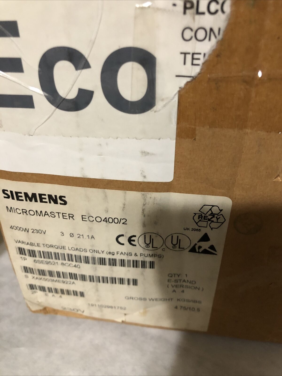 New Siemens 6Se9521-8Cc40,Dr Ac 6Se95 230V 3Ph 5Hp 15.2A,6Se9-521-8Cc40,Fc