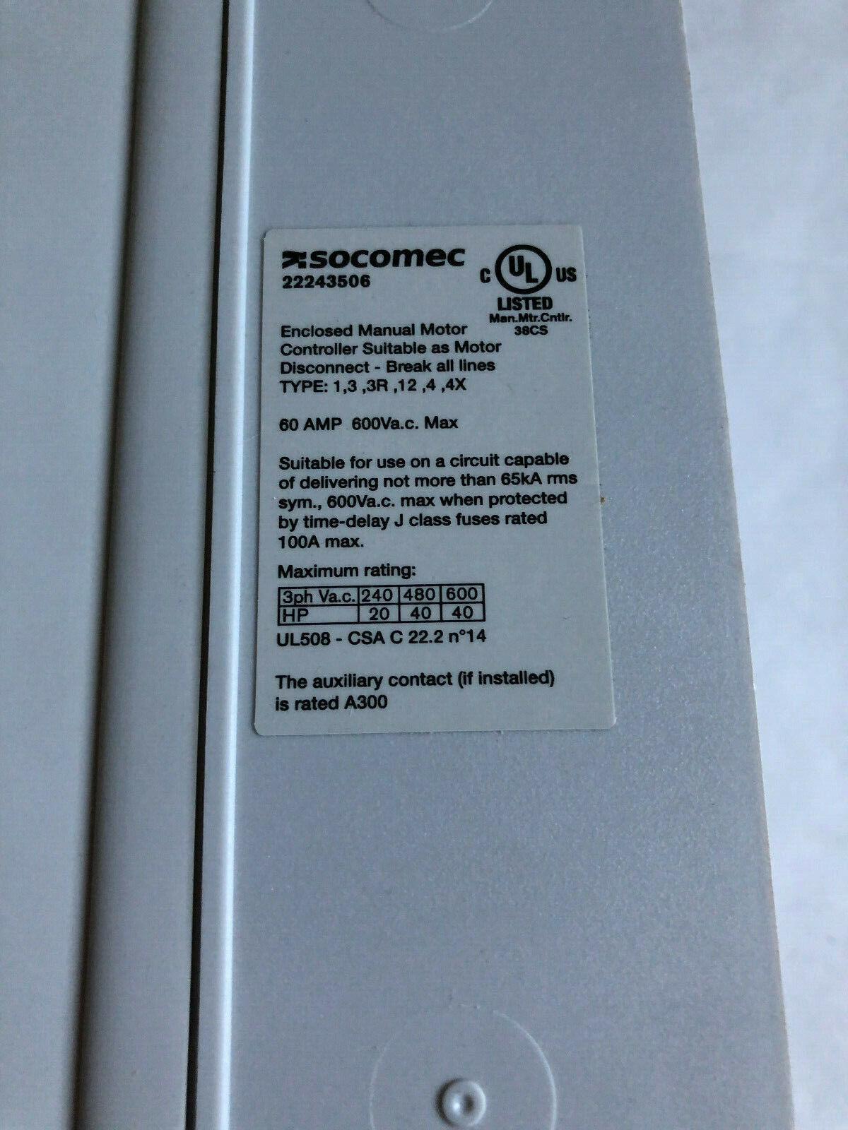 New Socomec 22243506,2200Div5,Sirco M2 Manual Motor Controller,600Ac,60Amp,Tl
