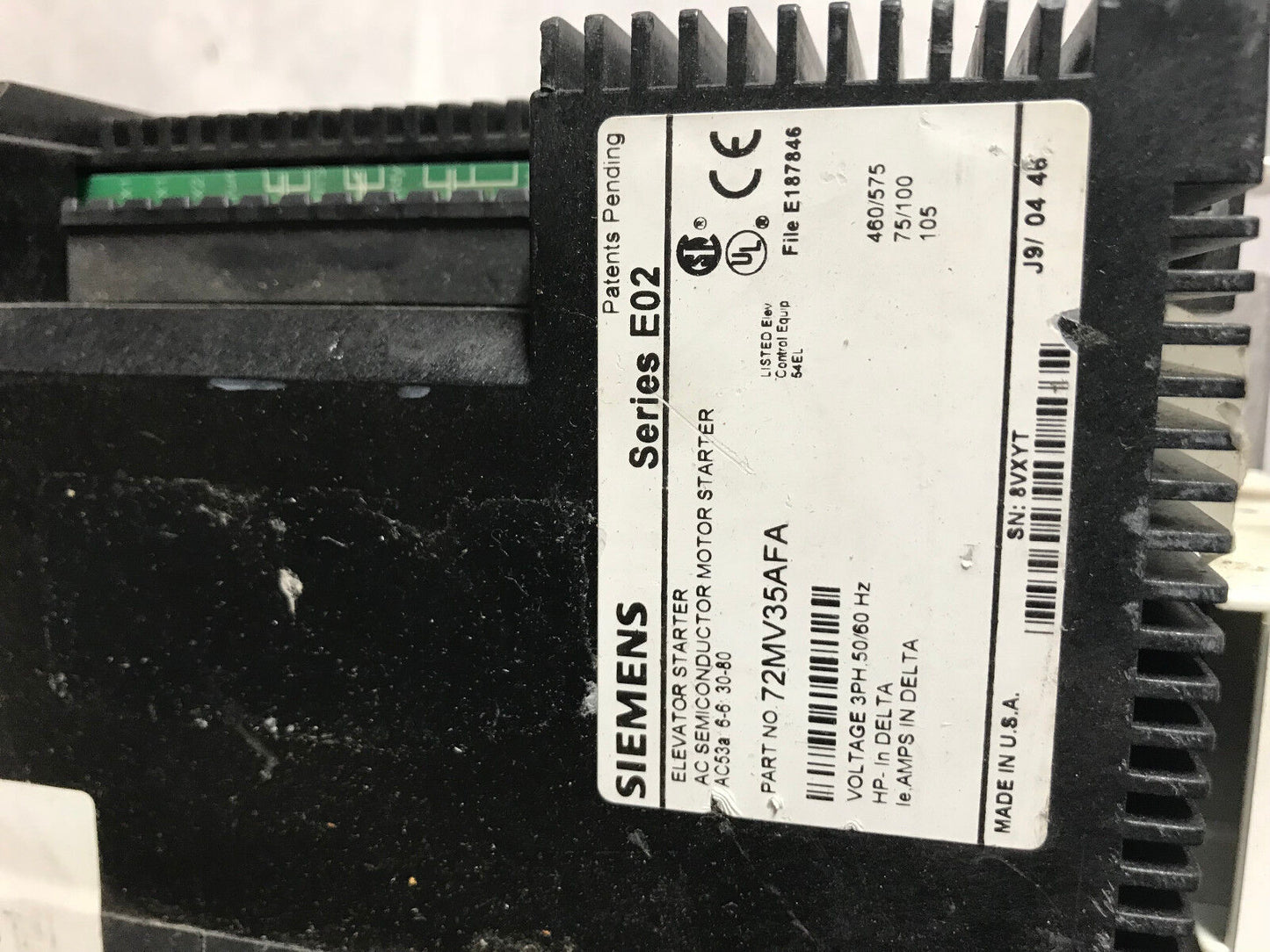 Siemens 72Mv35afa Solid Elevator Starter E02,3Ph 460/575V 75/100Hp 105Amp,Ag