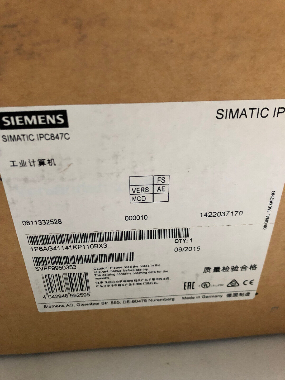 New Siemens 1P6ag41141kp110bx3 Simatic Rack Pc,Ipc847c Rack Mount Industrial,Ak
