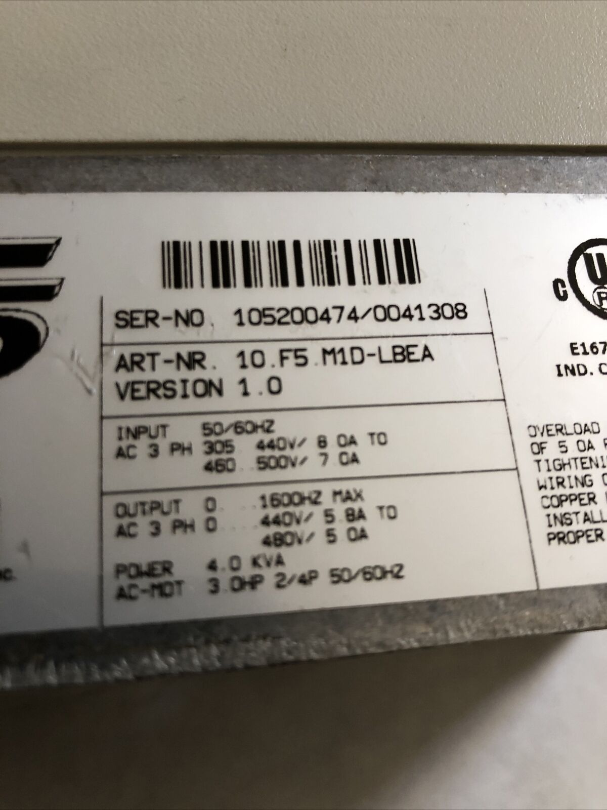 Keb F5 Combivert 10.F5 M1d-Lbea Version 1.0 3Ph Inverter 4.0 Kva,Bw