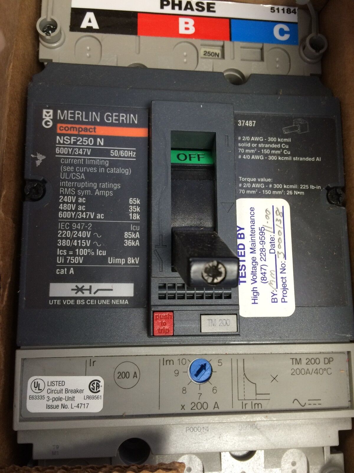 New Merlin Gerin Nfnf-36225-Aahj00,Nsf250 N Circuit Breaker 225Amp 600Y/347V,Cn