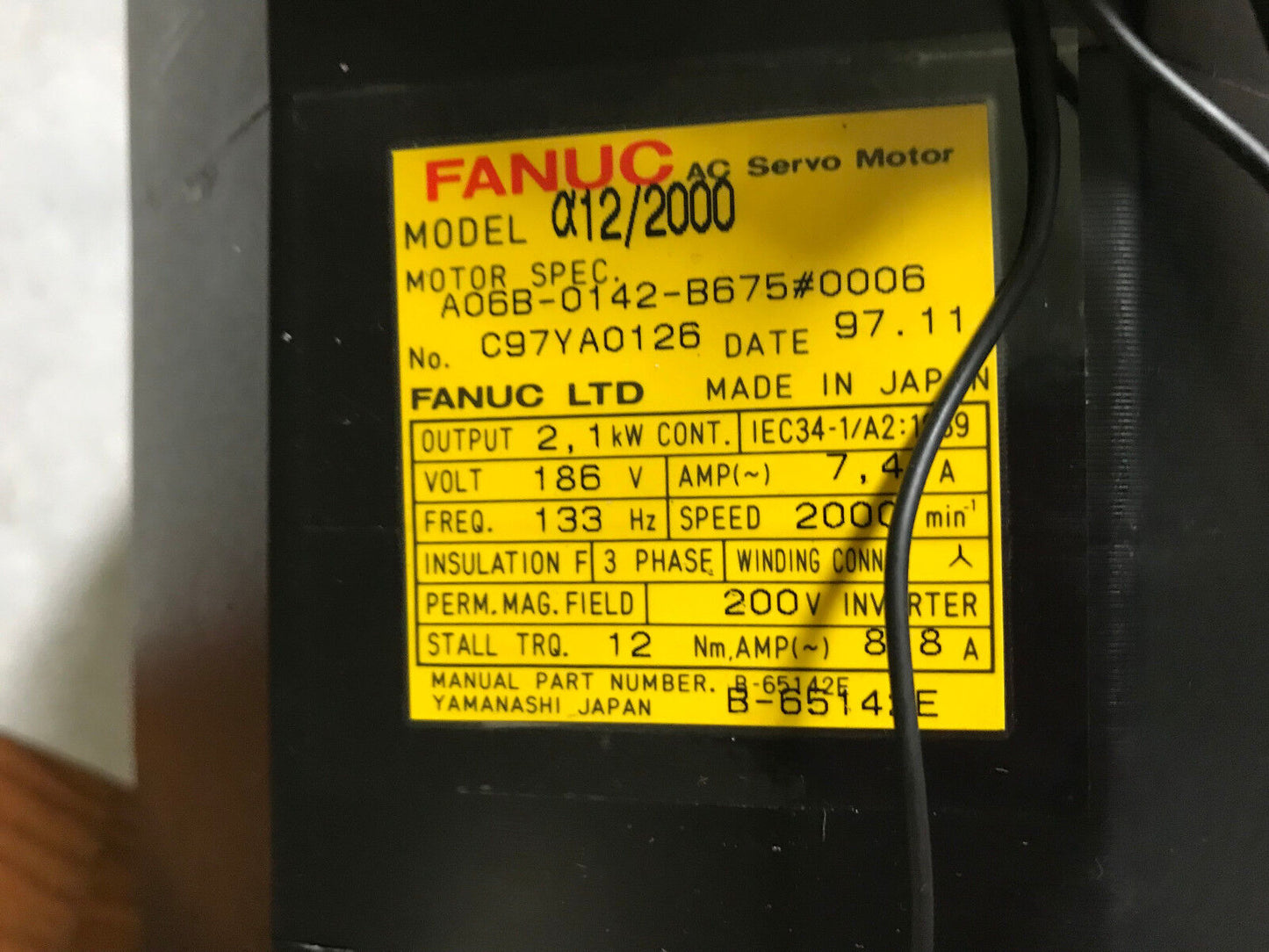 Fanuc A06b-0142-B675#0006,A12/2000,186V 2000Rpm Ac Servo Motor,A860-0360-T201,Ev