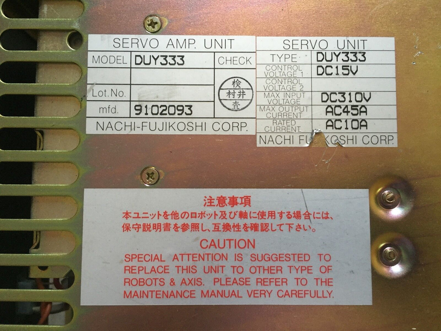 Nachi Fujikoshi Duy333,Vorg-35,Icr34426,9102093,Duy 333,Dc15v Servo Unit,Av