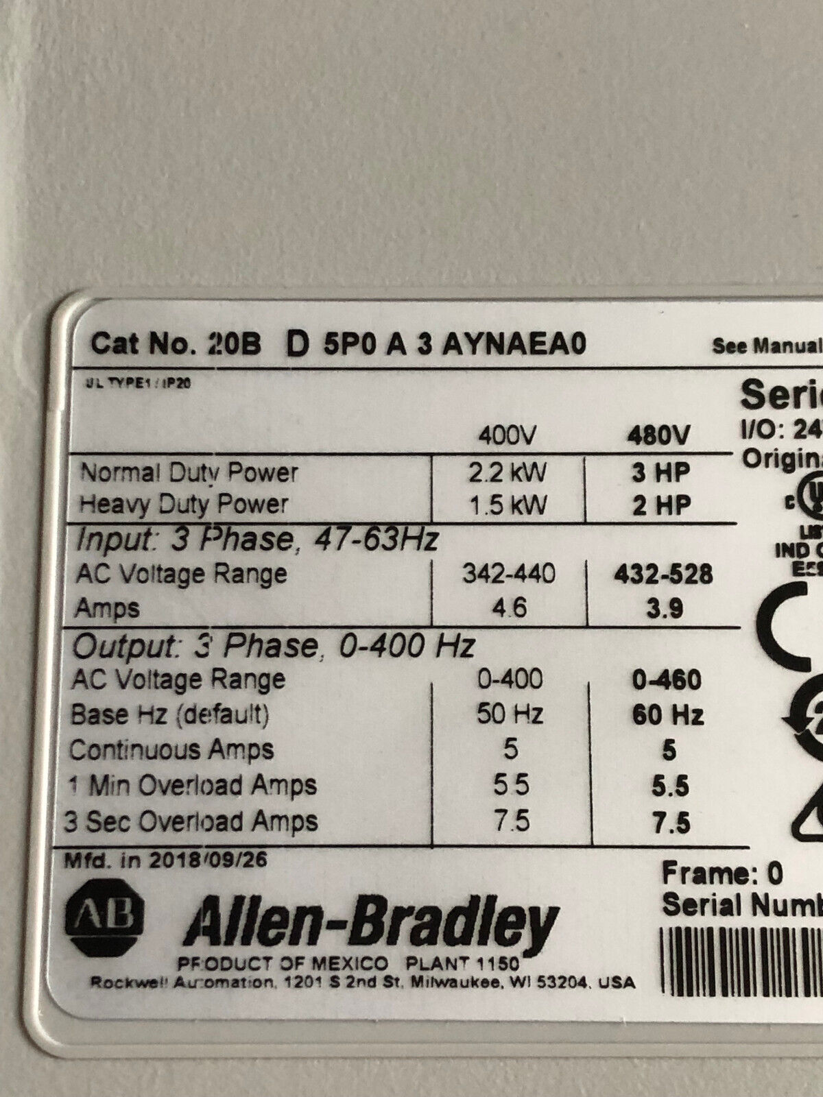 New Allen Bradley 20B D 5P0 A 3 Aynaea0 Powerflex 700 Ac Drive Unit,Aj