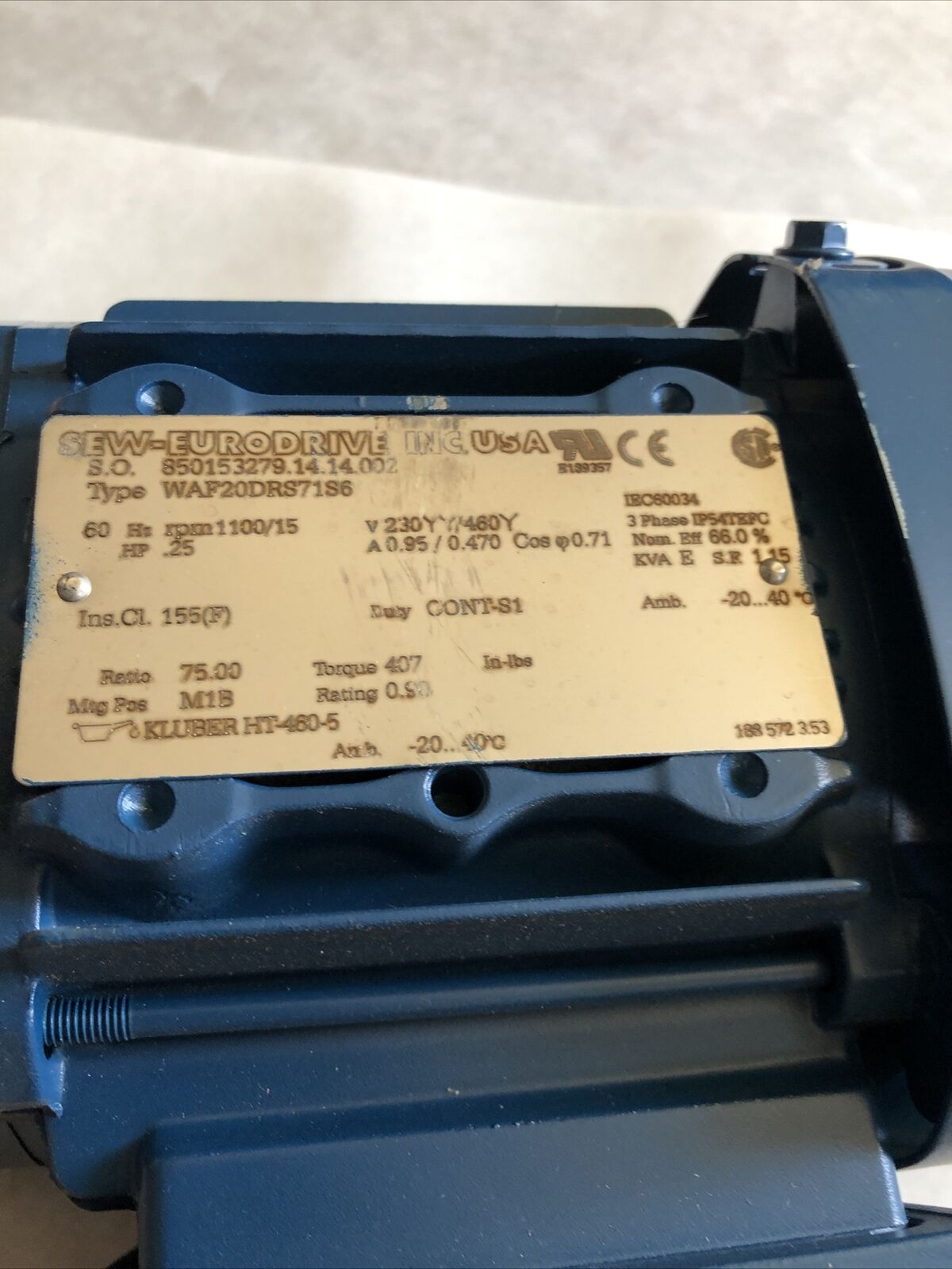 New Sew Eurodrive Waf20drs71s6,Kluber Ht-460-5 Gear Drive,.25 Hp,3Ph,Br