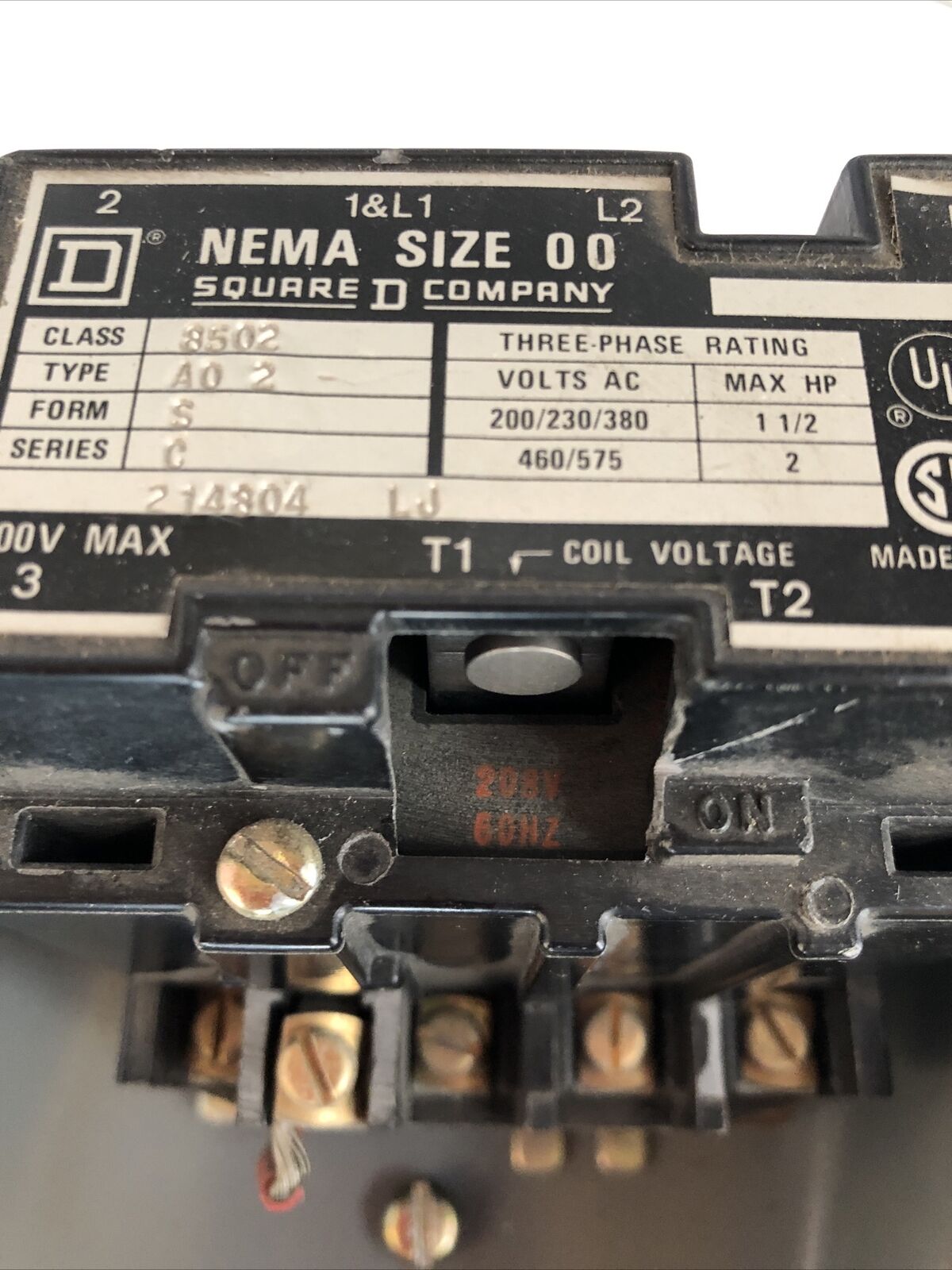 New Square D Nema Size 00 A02 Starter 8502 Ao2,208V Coil,8502 A02,1 1/2Hp,Fl
