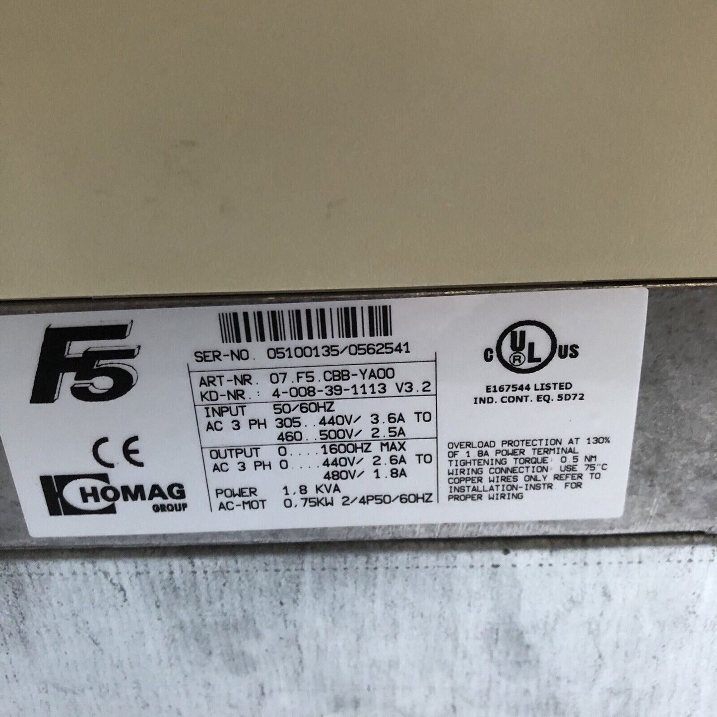 Keb 07.F5.Cbb-Ya00,1.8 Kva,10.E5.T60-A071 Combiver Drive,3Ph,305-500V,Ea