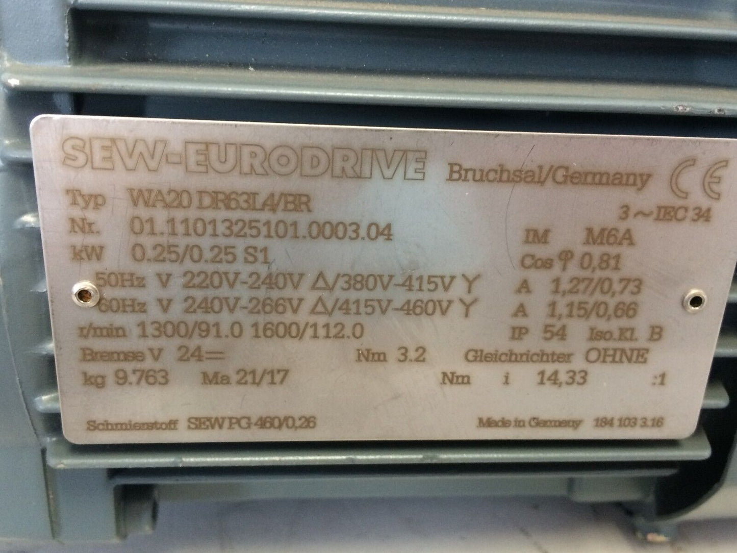 New Sew Eurodrive Wa20 Dr63la/Br Gear Drive, 3-Phase, .25 Kw, 220-460 V ,Tc