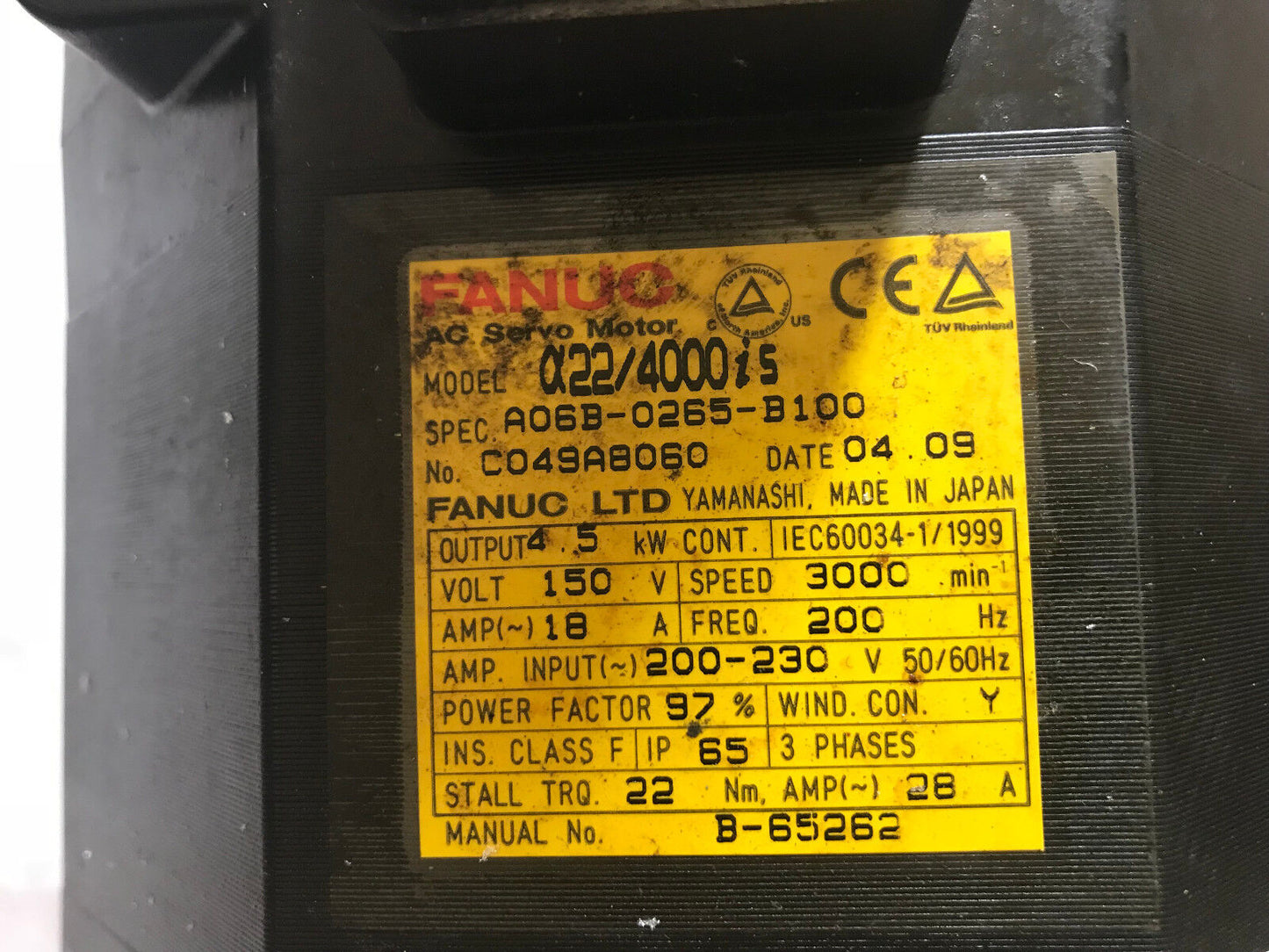 Fanuc A06b-0265-B100 Ac Servo Motor 3000Rpm 150V 4.5Kw,A860-2000-T301,Tg