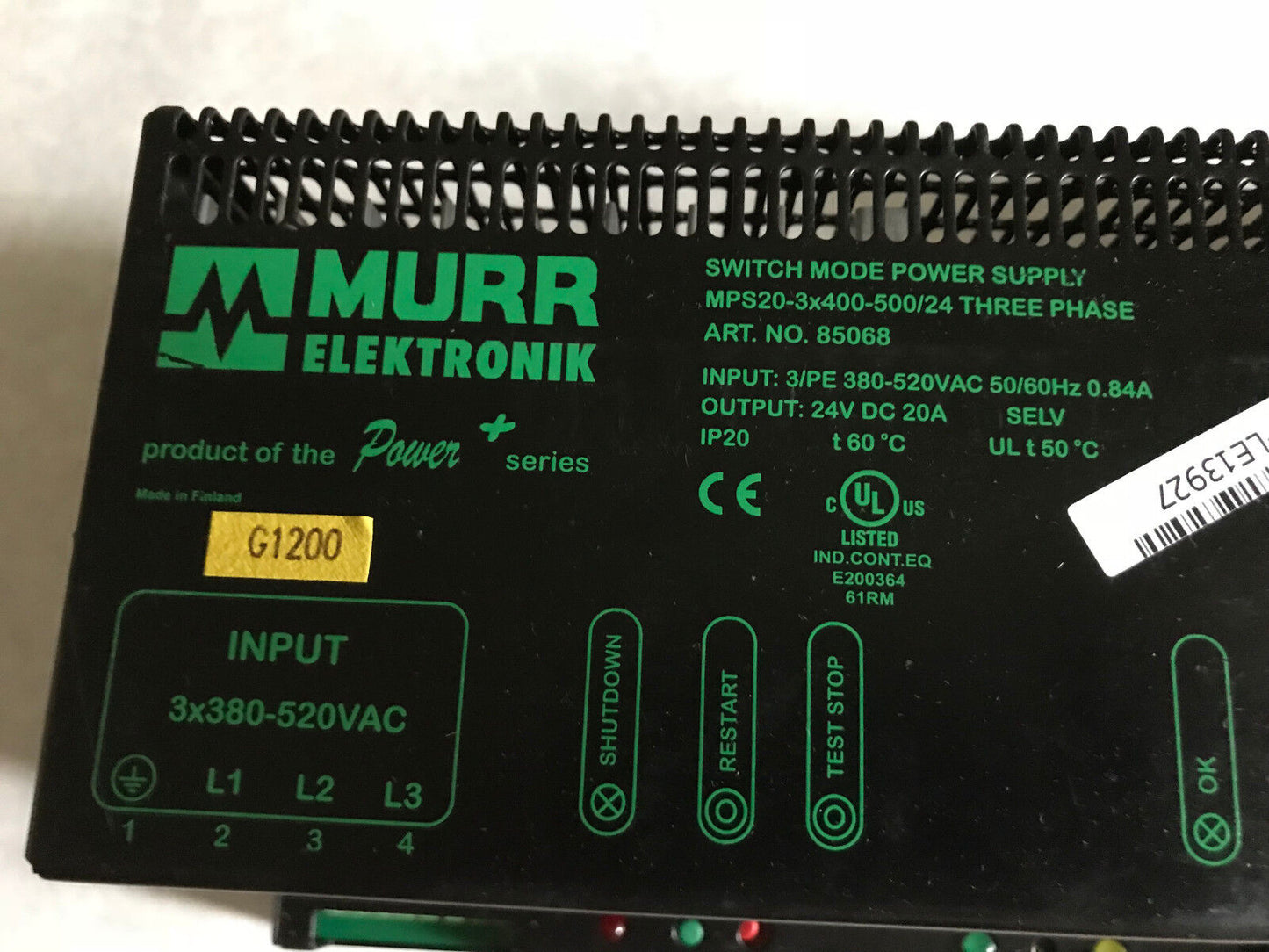 Murr Eletronik 85068 Switch Mode Power Supply,Mps20-3X400-500/24 Three ,Ek,Sj
