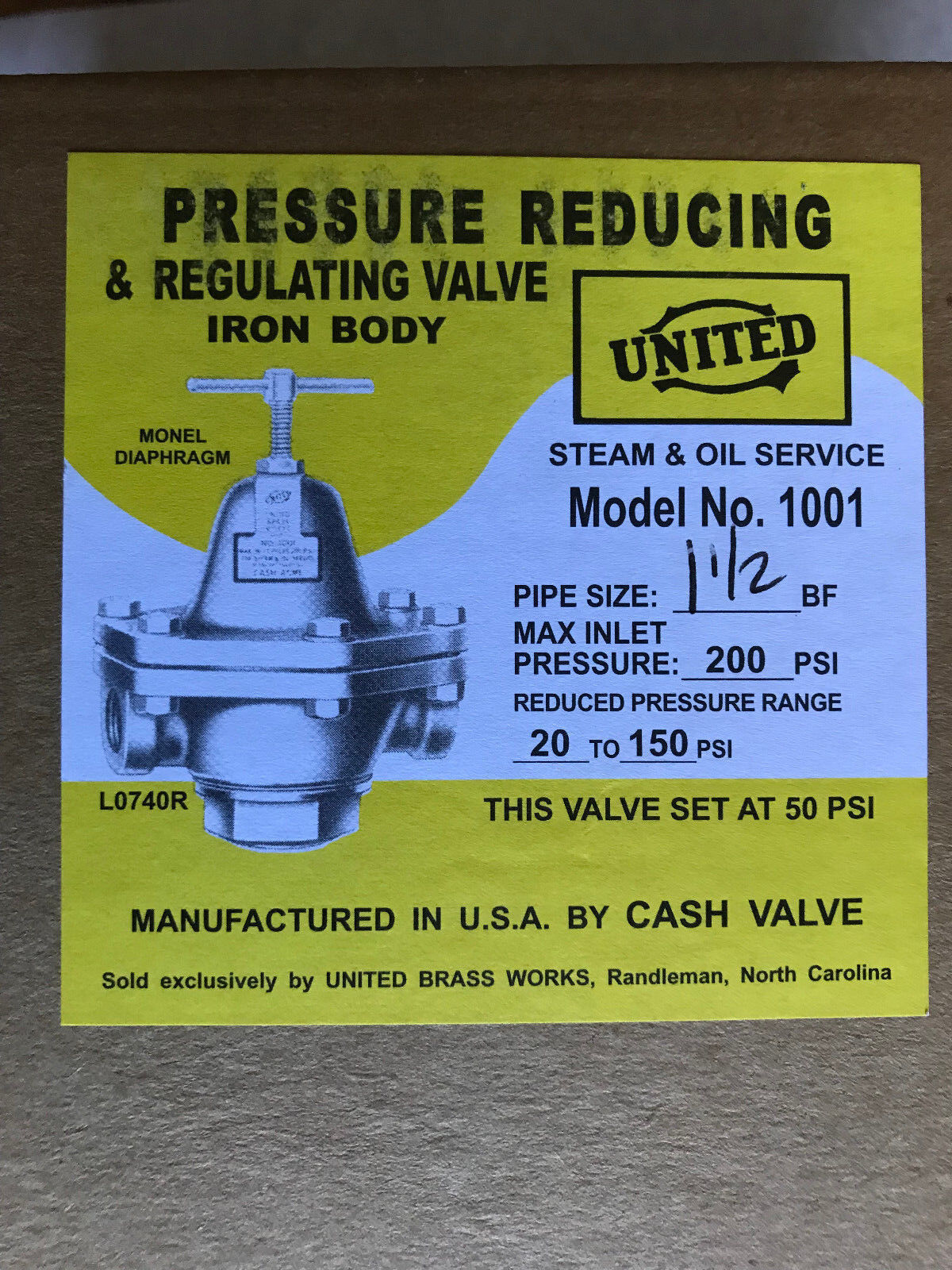 New 1 1/2" Cash Valve United 1001 Live Steam Pressure Reducing Regulator 200Psi