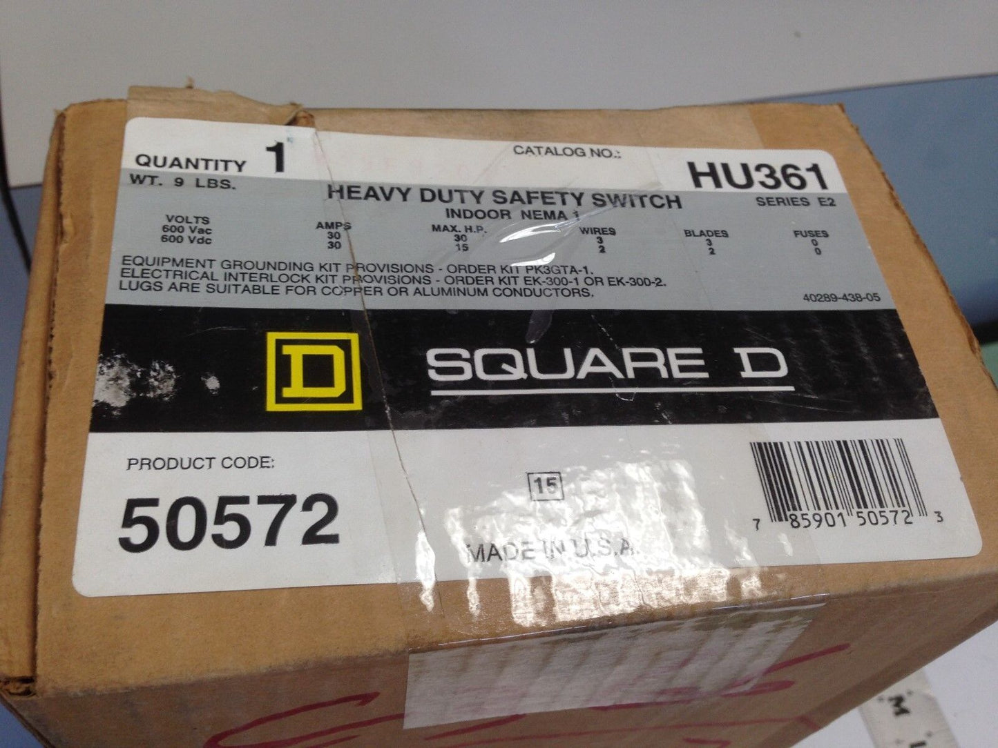 New Square D Hu361 Disconnect Switch Enclosure,600Vac,30A,30-Hp,Nema 1,Switch,Fk