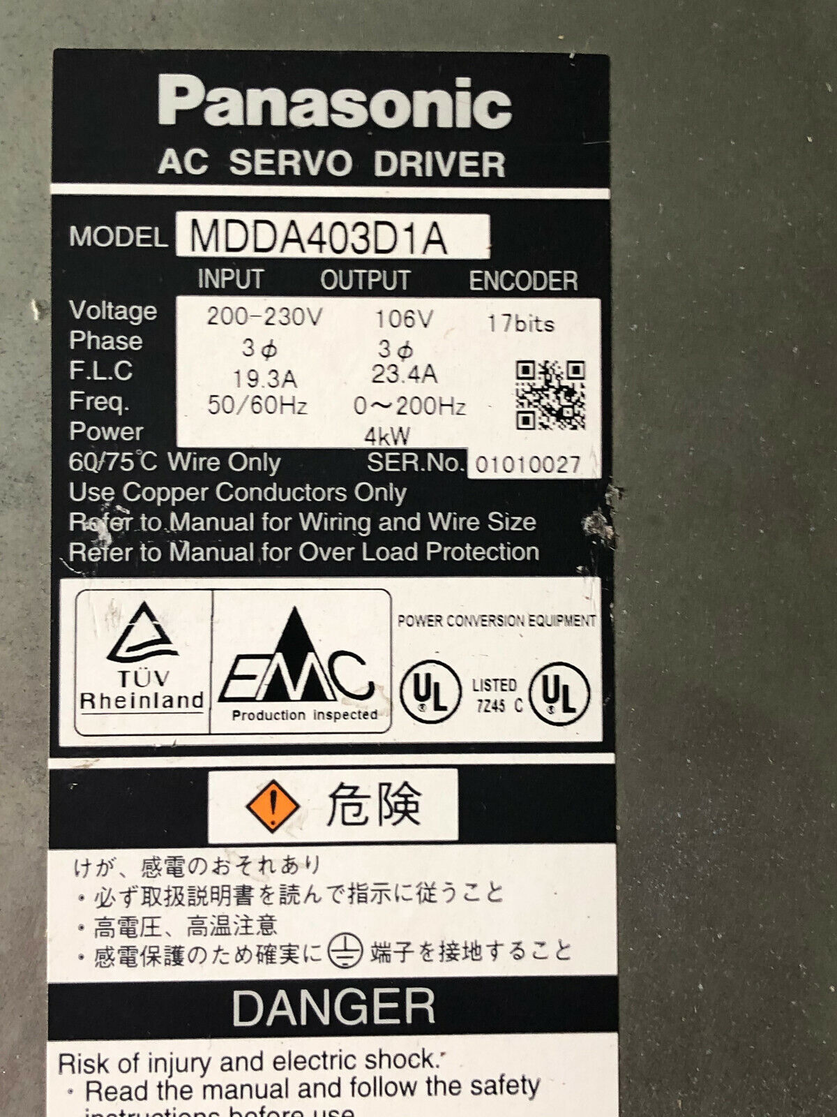 Panasonic Mdda403d1a Ac Servo Driver 200-230V Input,113 Output,4Kw,Bi