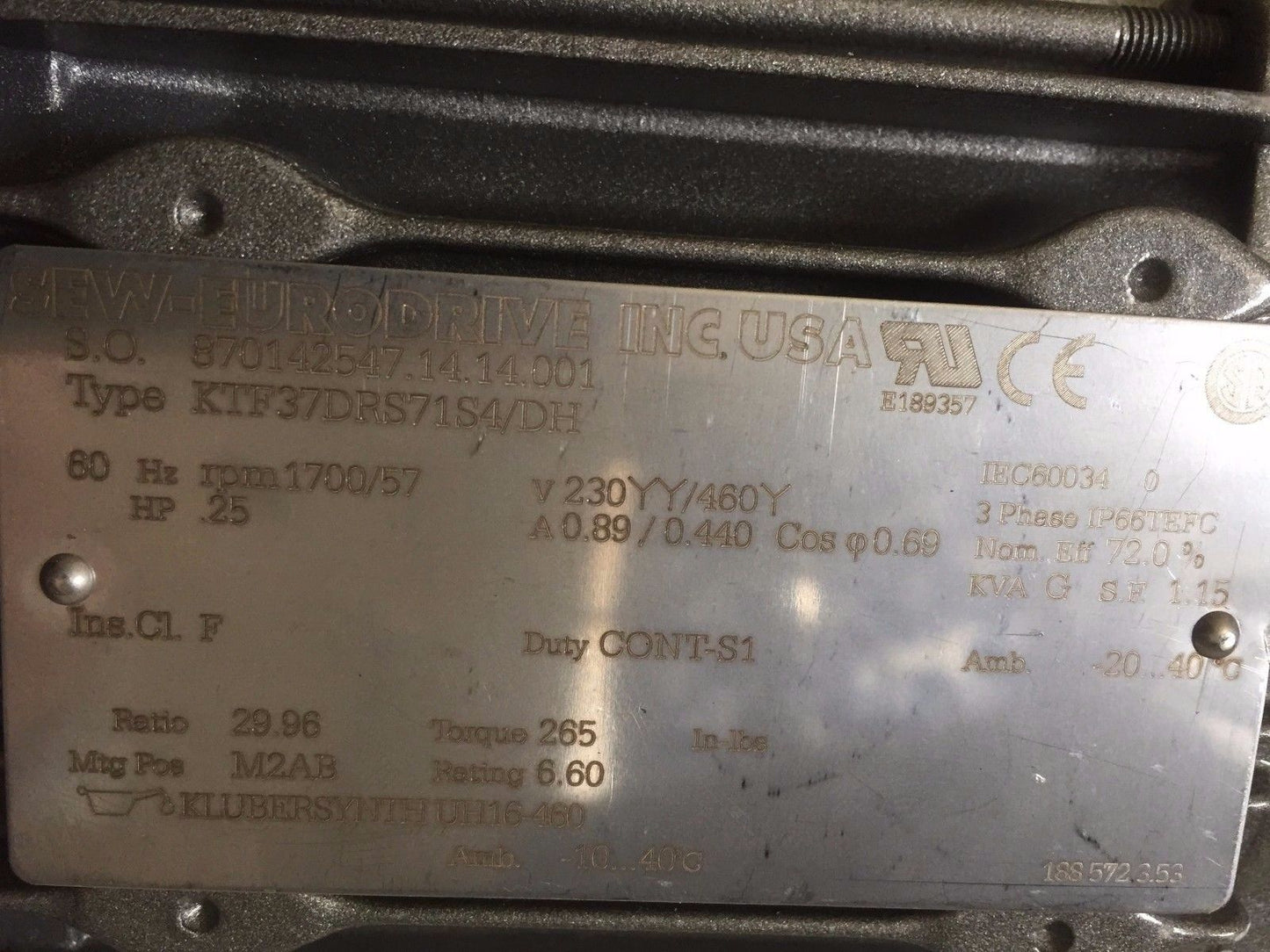 New Sew-Eurodrive Ktf37drs71s4/Dh Motor W/Gear Drive 1700Rpm .25Hp,Ed