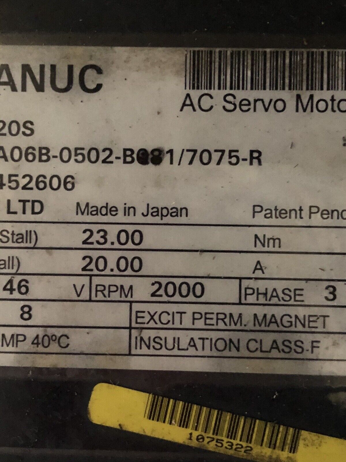 Ge Fanuc A06b-0502-B081/7075-R Ac Servo Motor, 20A, 146Vac, 2000-Rpm,Te