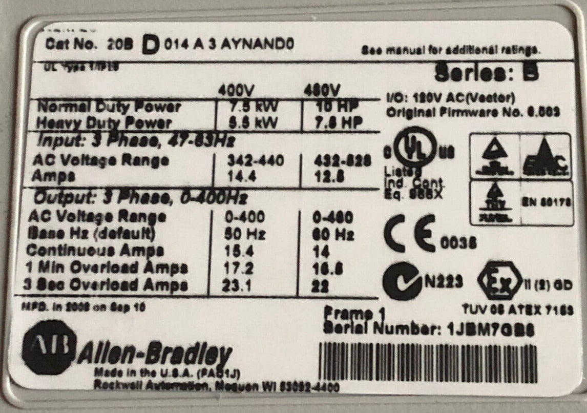 Allen Bradley 20Bd014a3atnand0 Powerflex 700 Ac Drive Unit,20B D014a3 Atnand0,An