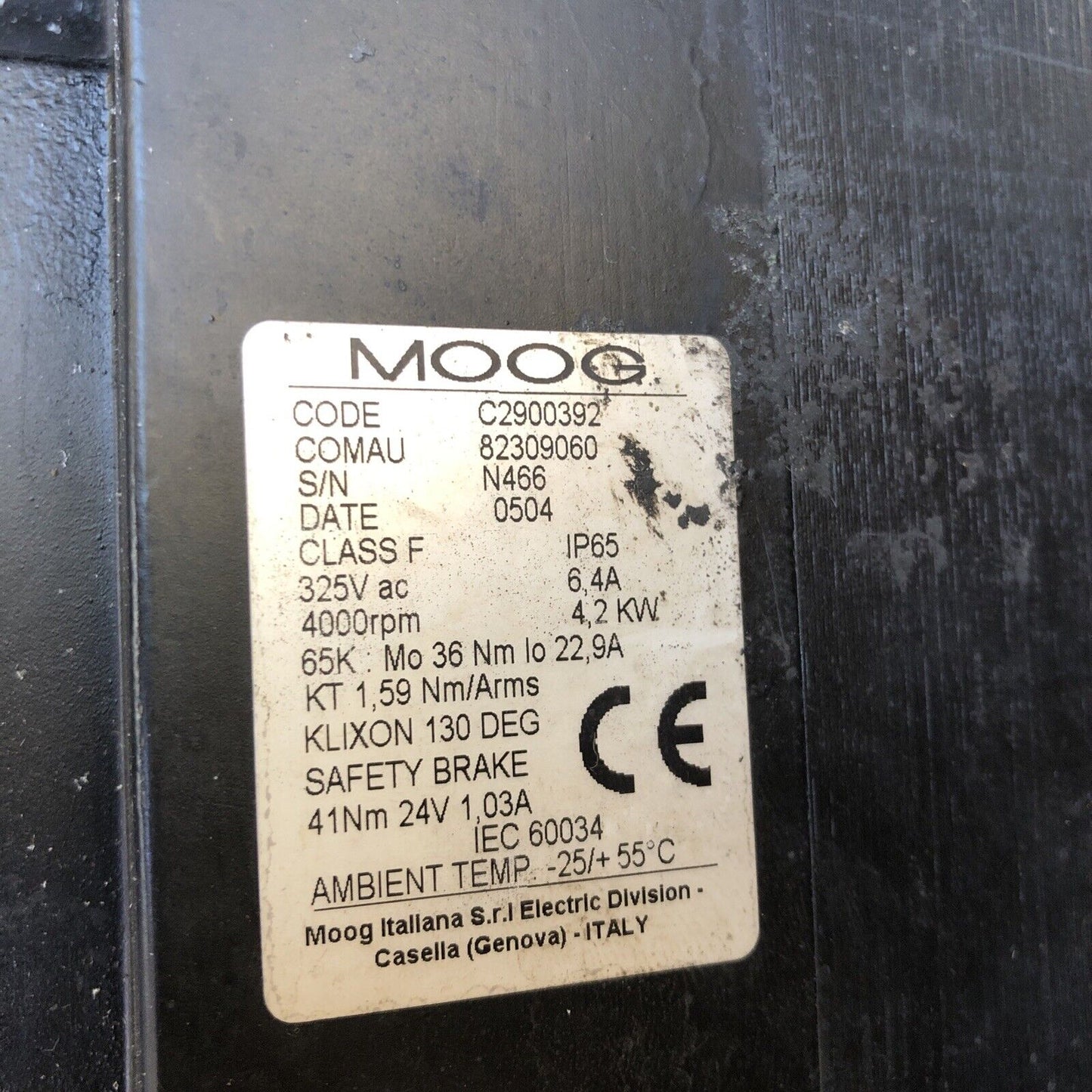 Moog 82309060,Moog C2900392,Iec 60 Servo Motor,325 Vac,Rpm 4000,4.2 Kw,Bp