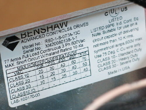 New Benshaw Rb2-1-S-077A-13C Open Chassis Soft Starter,77 Amps,Xm20080138-1-1,By