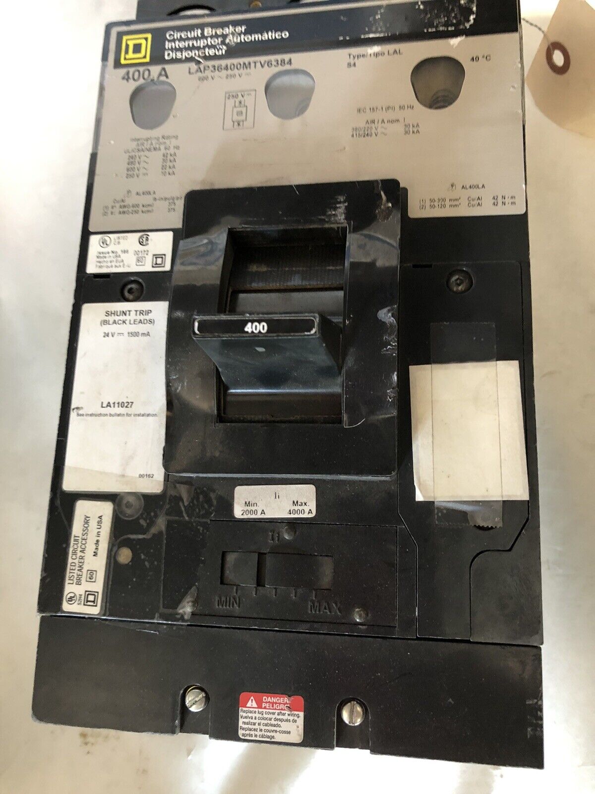 Square D Lap36400mtv6384 Circuit Breaker, 3-Pole, 400A, 600Vac/250Vdc,Co,Ex