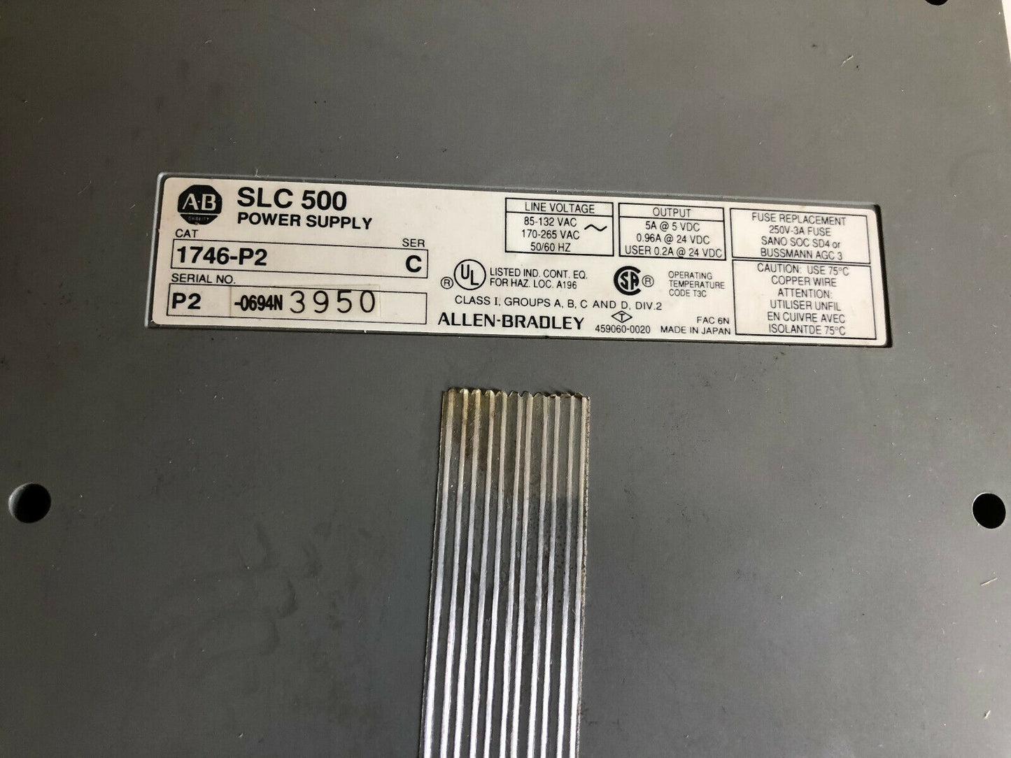 Allen Bradley 1746-A10,1746-P2 Slc-500,1746-P2,5/01 Cpu,Triaci/O's,1747-L511,Ch