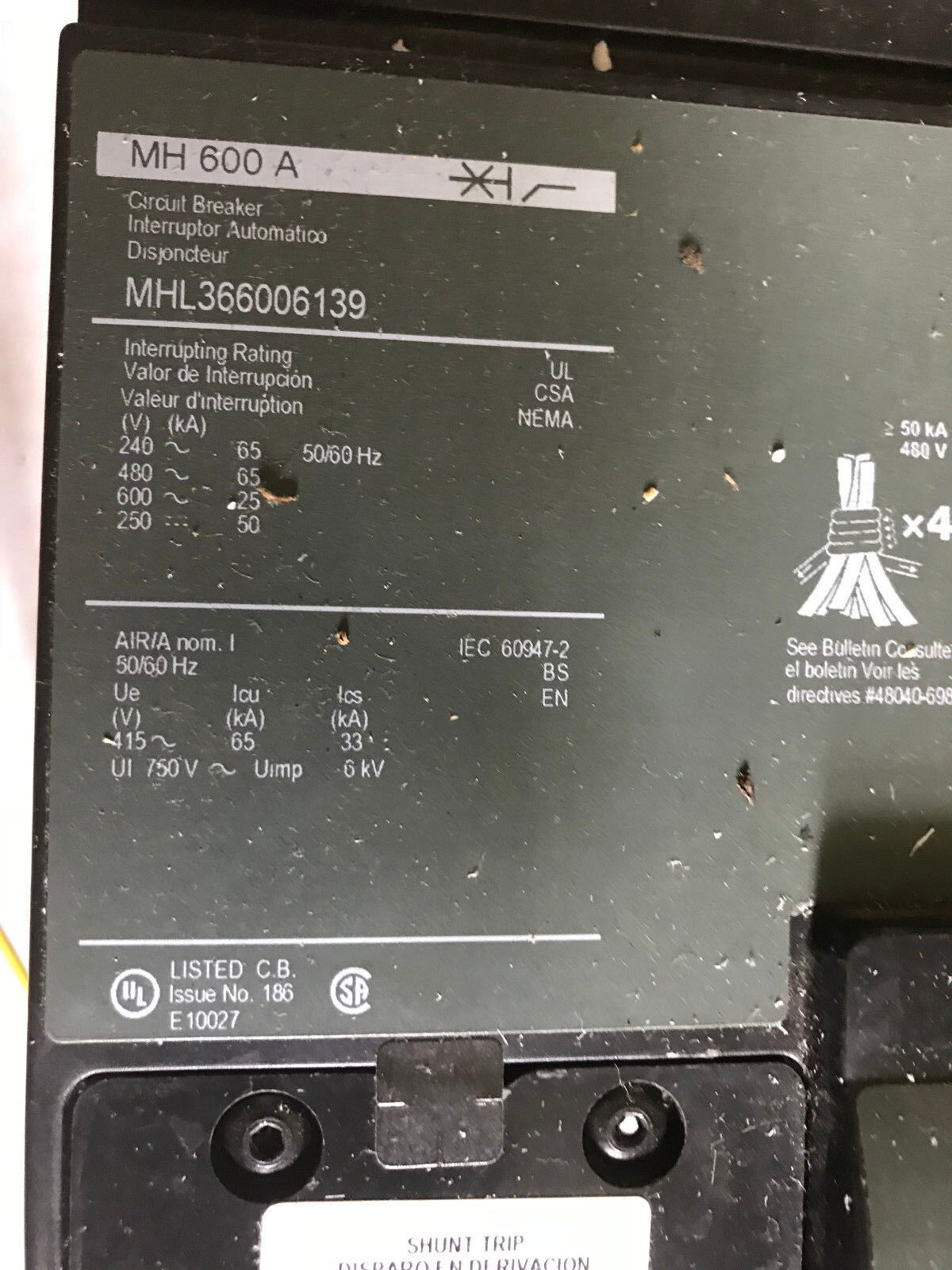 Square D Mhl366006139,600 A Thermal Circuit Breaker Mhl Mh 600A,Al900mat,Ep