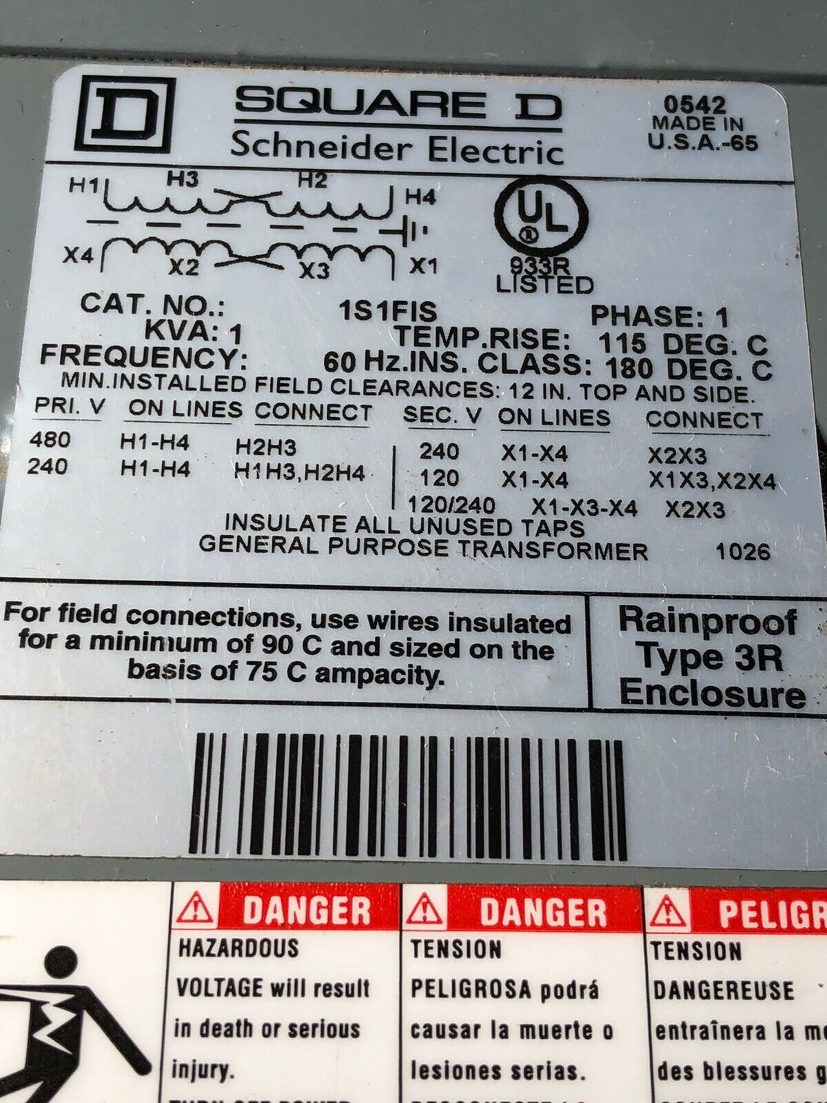 Square D 1S1fis Schneider Transformer Dry 1Kva 240X480v-120/240V 1Ph,Av