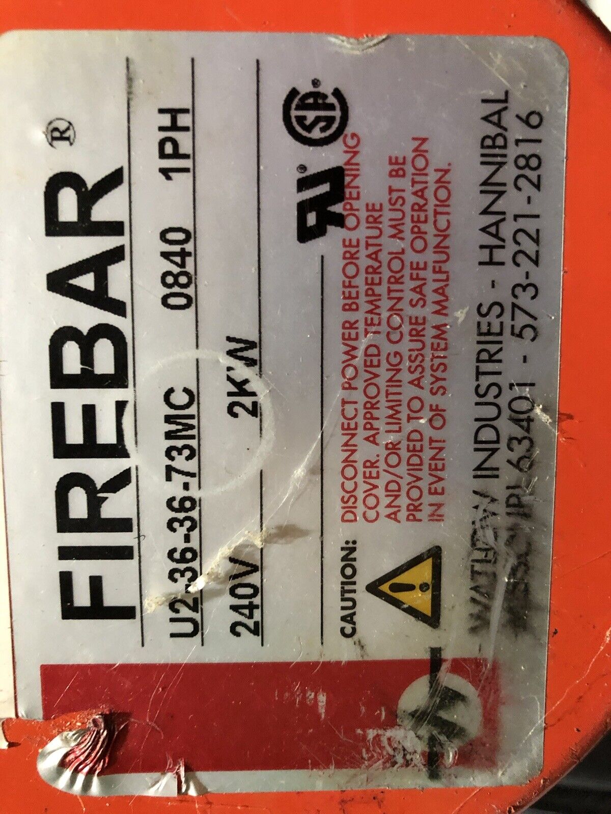Watlow U2-36-36-73Mc 0840 Heating Element Firebar 1Ph 240V 2Kw,To