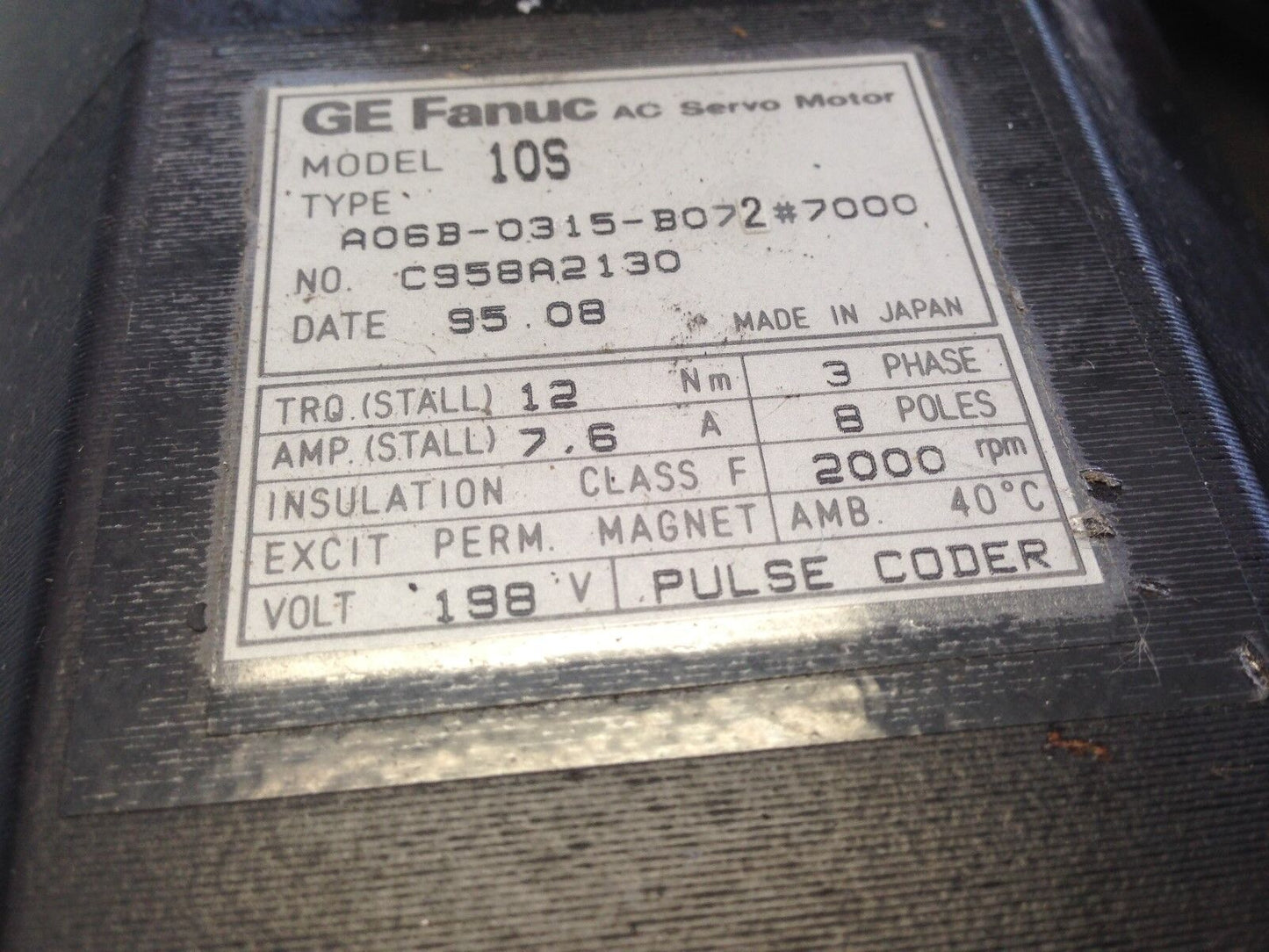 New Ge Fanuc A06b-0315-B072#7000,10S,Ac Servo Motor,7.6A,2000-Rpm,C958a2130,Sa