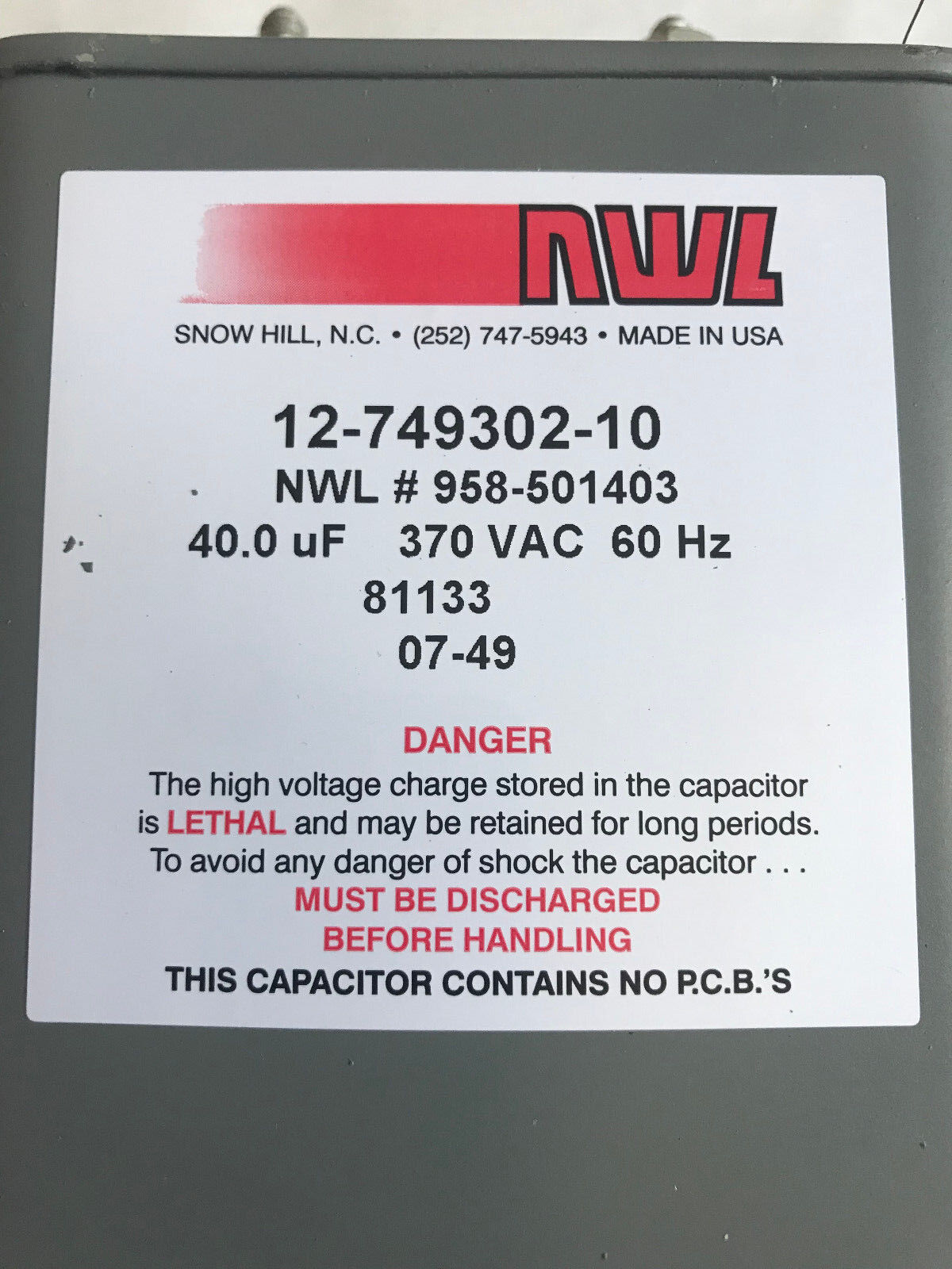 Emerson Electric 12-749302-10 Nwl,Paper Capacitor,40Uf 370Vac 60Hz 958-501403,Er
