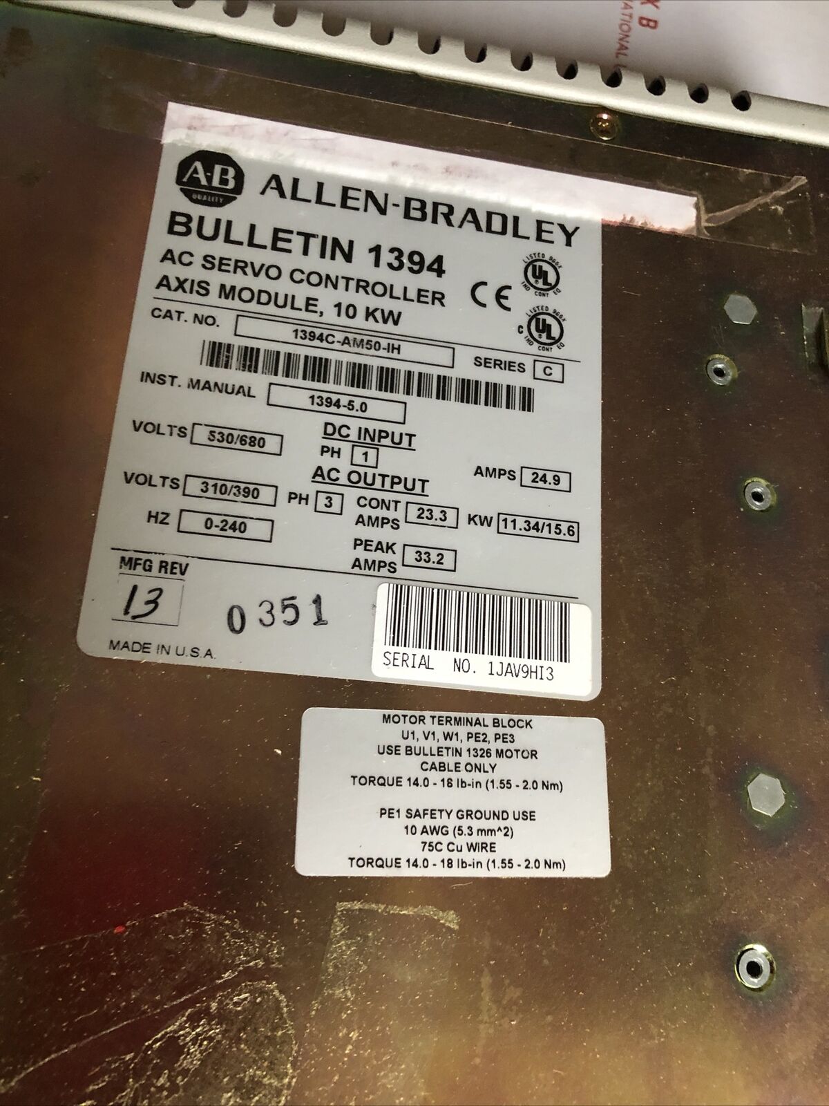 Allen Bradlley 1394C-Am50-Ih Ac Servo Controller 10 Kw,1394C-Am50-1H,Al,Ff