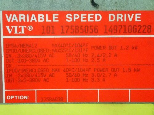 Danfoss 101 175B5056 14971Og228 Vlt Variable Speed Drive, 1.5 Kw,Ei