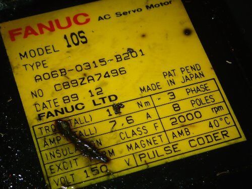Fanuc A06b-0315-B201,Fanuc 10S Ac Servo Motor,150V,3-Ph,8Q.(See Pics),Bo