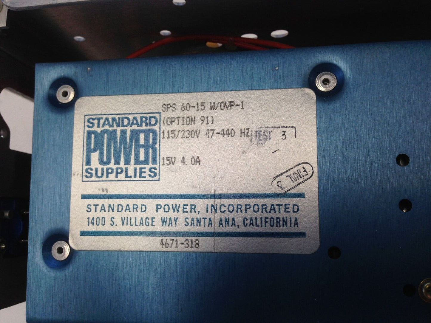 Esi 83562 +/-15V Power Supply W/2 Sps-60-15 W/Ovp-1, 15V, 4.0A,Dk