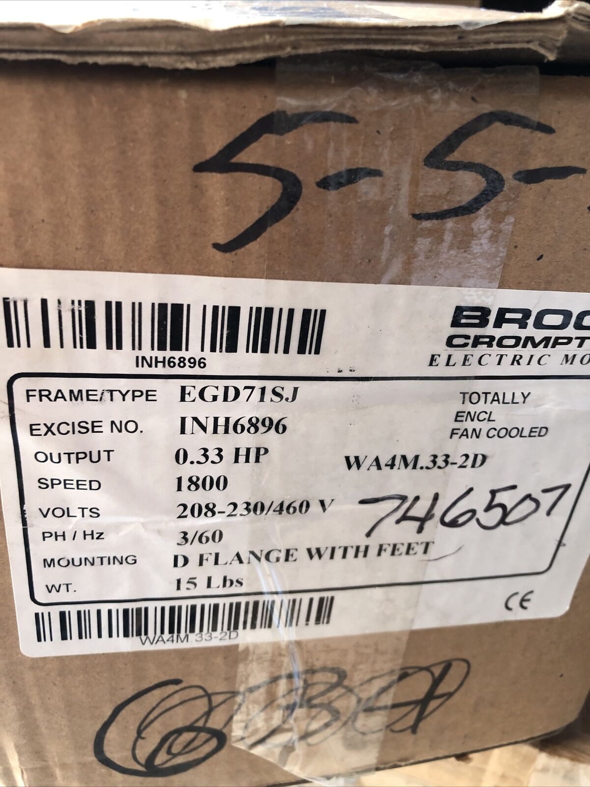 Brook Crompton Wa4m.33-2D Ac Motor,0.33-Hp,Eq071sj 1680-Rpm,3Ph,Egd71sj,1800,De
