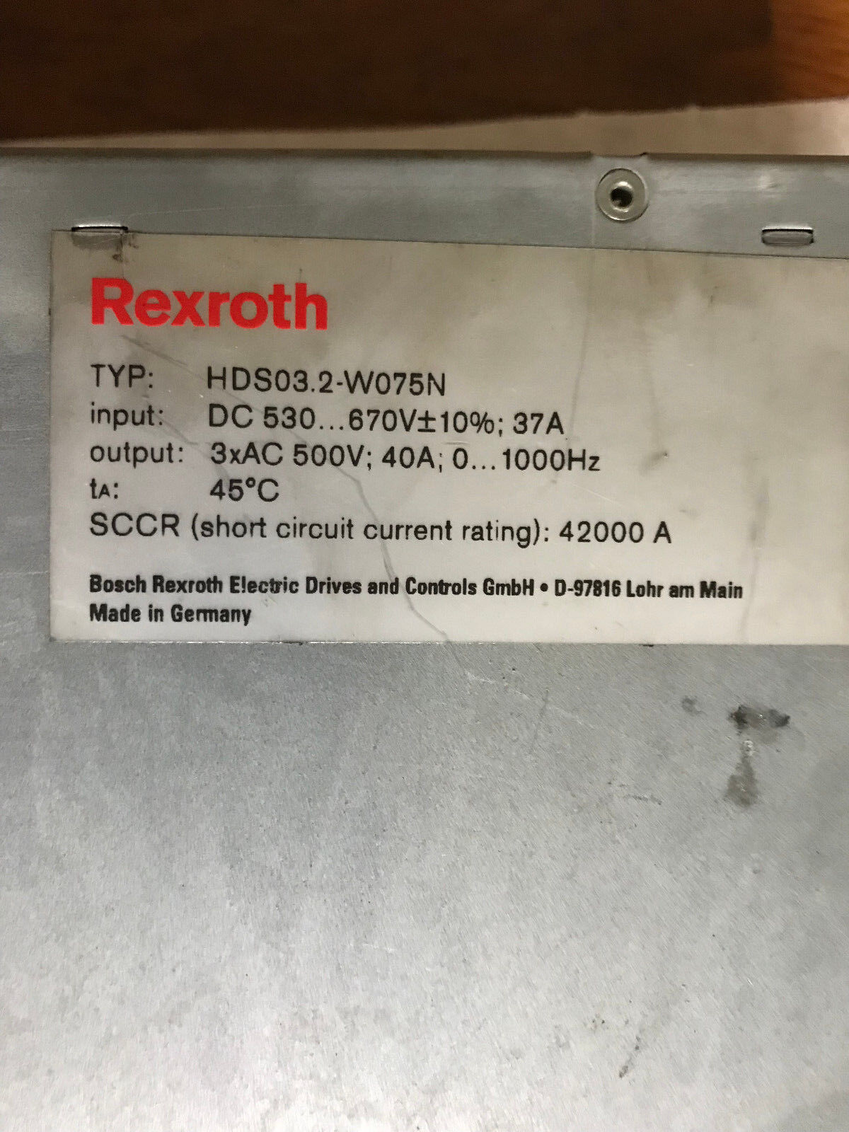 Rexroth Hds03.2-W075n Servo Drive. 3Xac 500V 40A,Sccr 42000A,Hdso3.2-Wo75n ,Eo