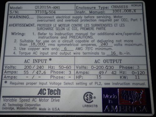 Ac Tech Q12015a-Km1 Variable Speed Ac Drive, 15 Hp, 3-Phase, 200/240 V,Ei,Ez