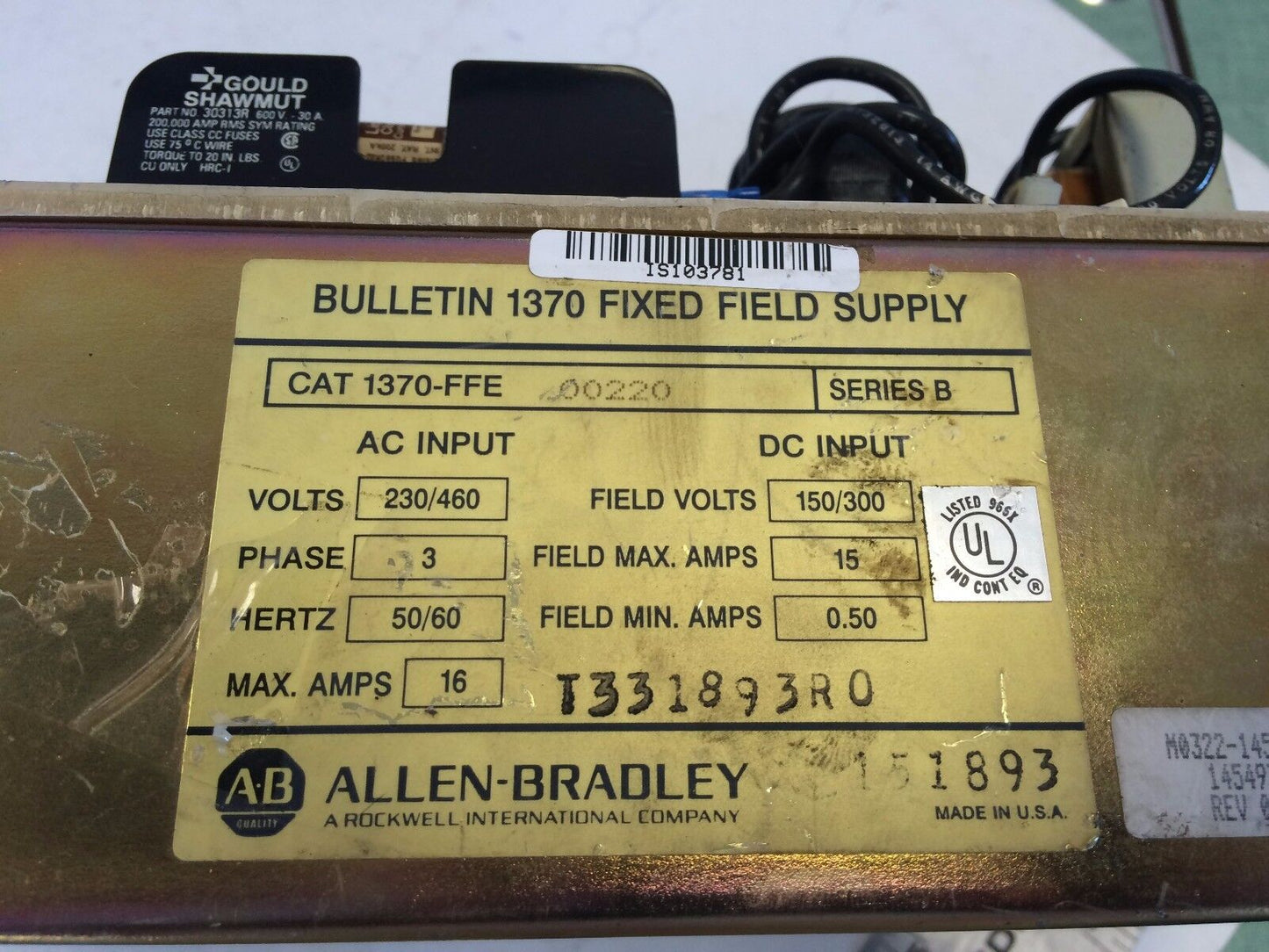 Allen Bradley 1370-Ffe 00220 Bulletin 1370 Fixed Field Supply,3Ph,230/460V,Cu