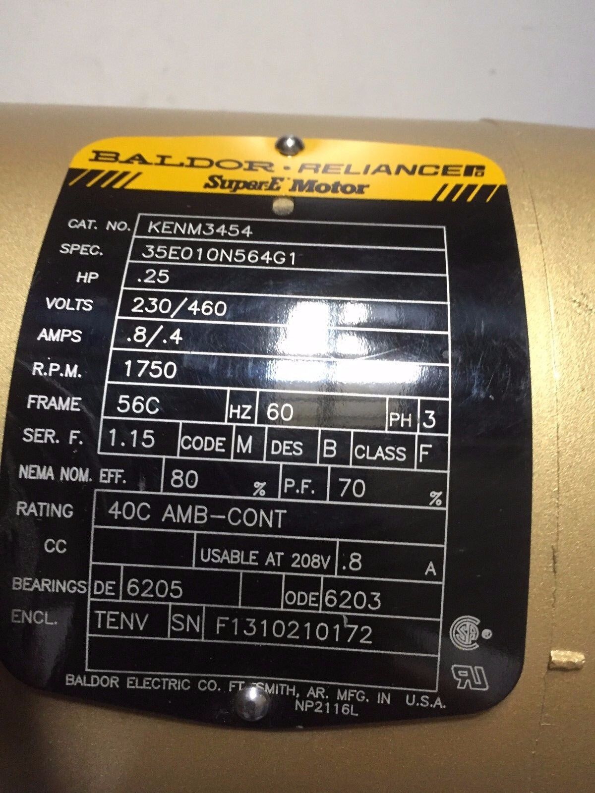 New Baldor Reliance 35E010n564g1,Kenm3454 Electric Motor,.25Hp,1750Rpm 56C,Bt