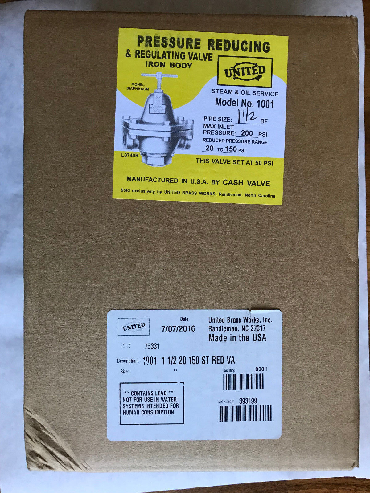 New 1 1/2" Cash Valve United 1001 Live Steam Pressure Reducing Regulator 200Psi